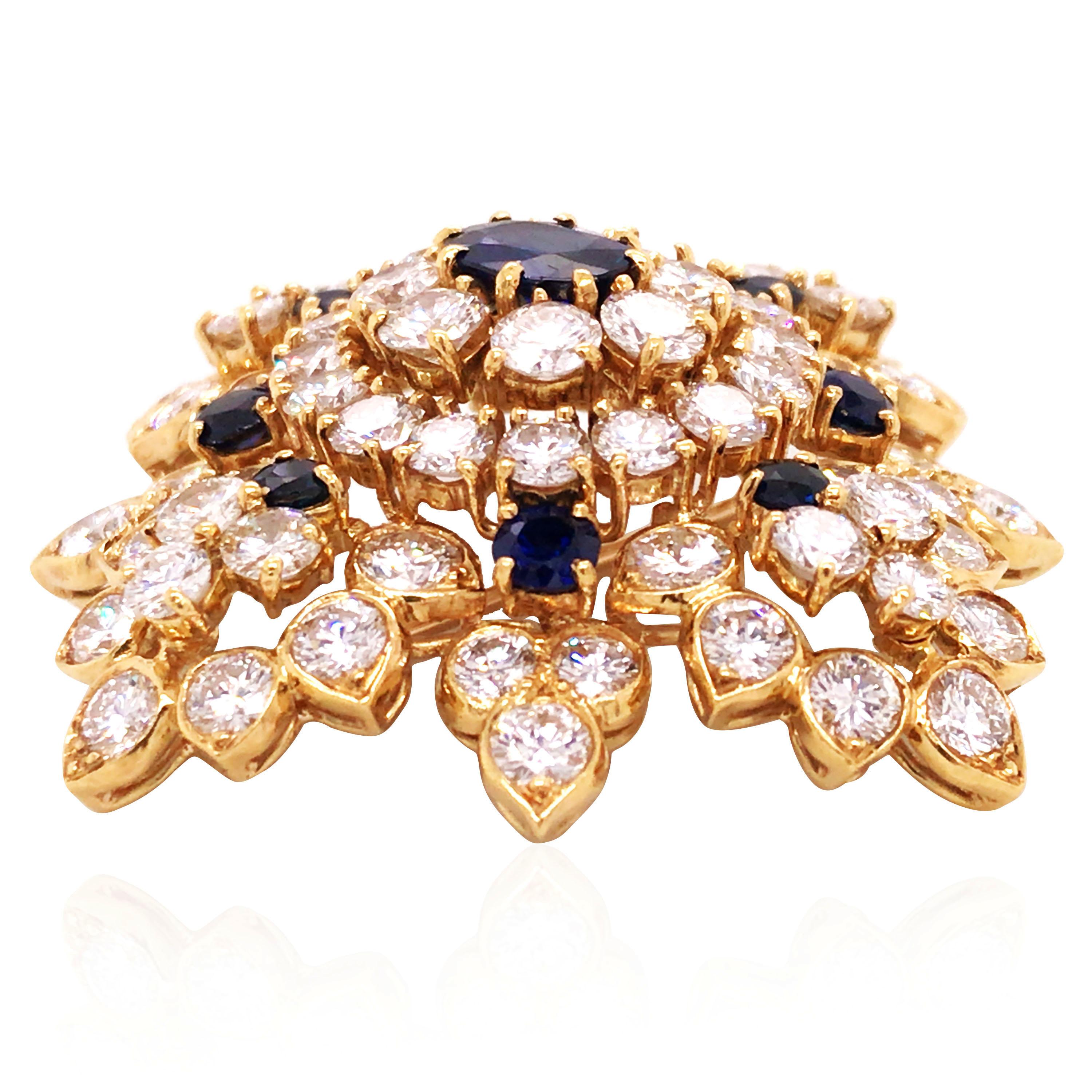 Round Cut Sapphire Diamond Gold Brooch For Sale