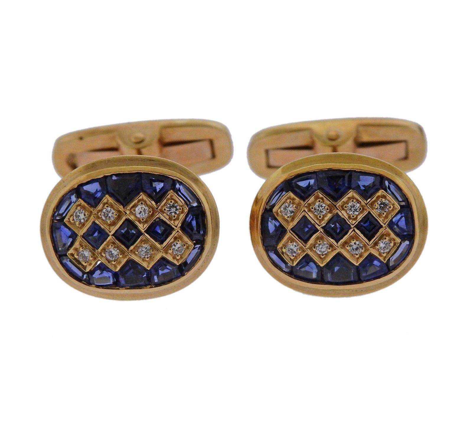 Set of 18k gold cufflinks and stud set. Featuring sapphires and approximately 0.20ctw of H/SI diamonds. Cufflink tops measure 15mm X 12mm, Stud tops measure 13mm X 12mm, total weight is 23.6 grams. 