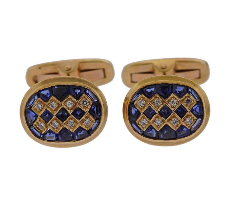 Sapphire Diamond Gold Cufflinks Stud Dress Set For Sale at 1stdibs