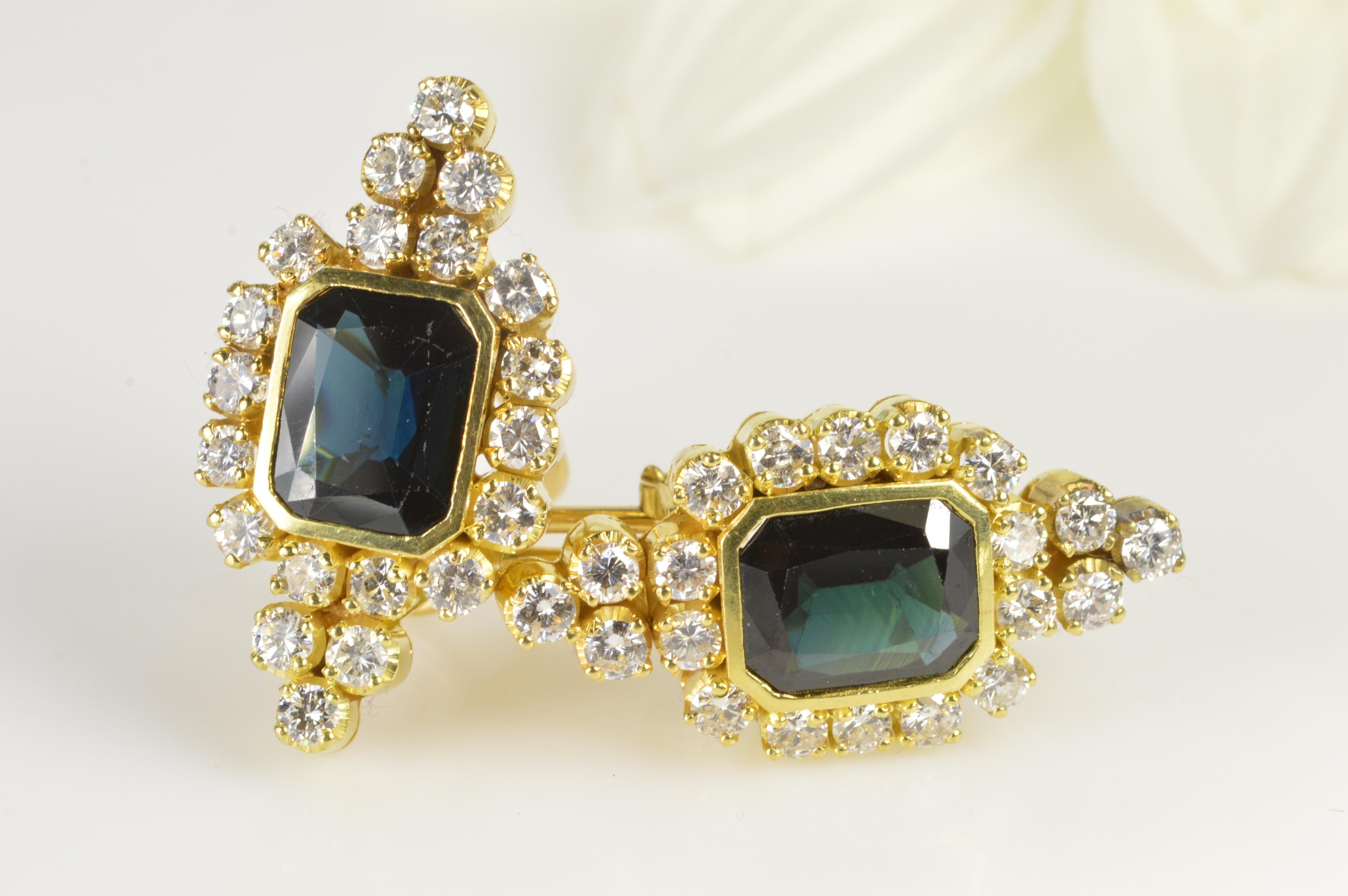 Elegant sapphire and diamond French clip earrings.   

·Item: 18K 5.74 Ctw Sapphire 2.00 G/VS-SI Ctw Diamond French Clip Earrings Yellow Gold  

·Era: Vintage / 1950s  ·Composition: 18k Gold Marked/Tested  

·Gem Stone: 2x Sapphires=5.74Ctw, 20x