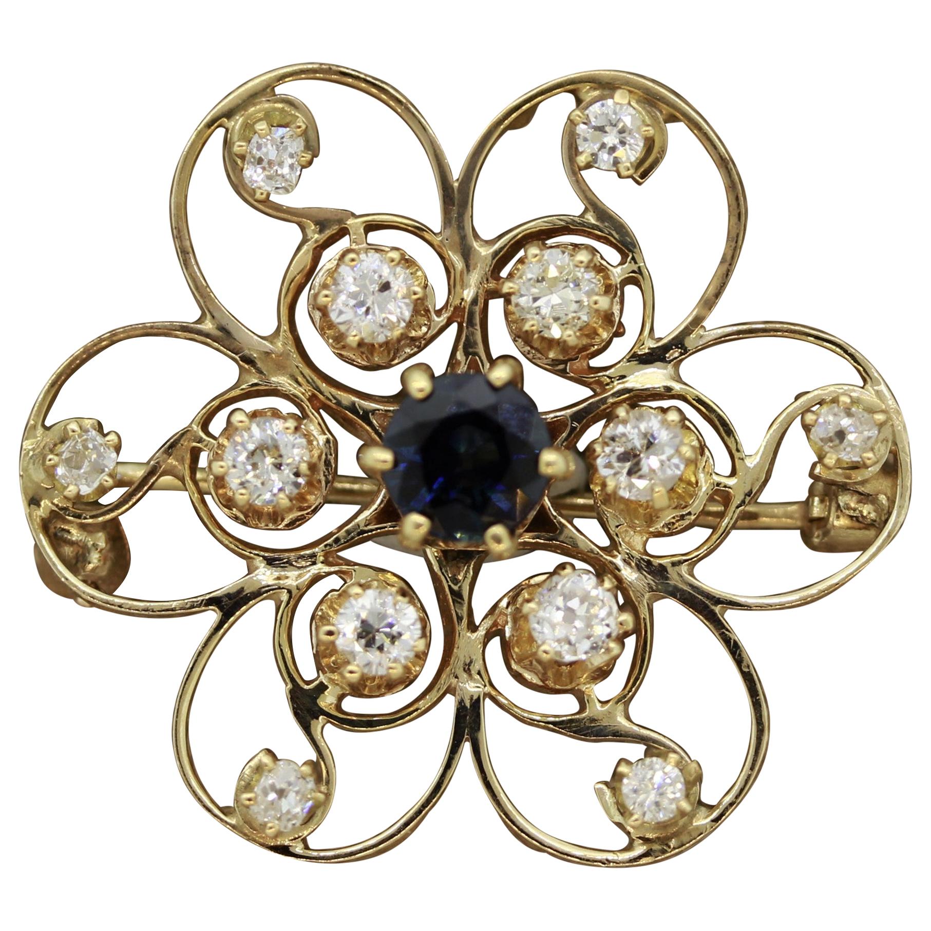 Sapphire Diamond Gold Flower Brooch For Sale