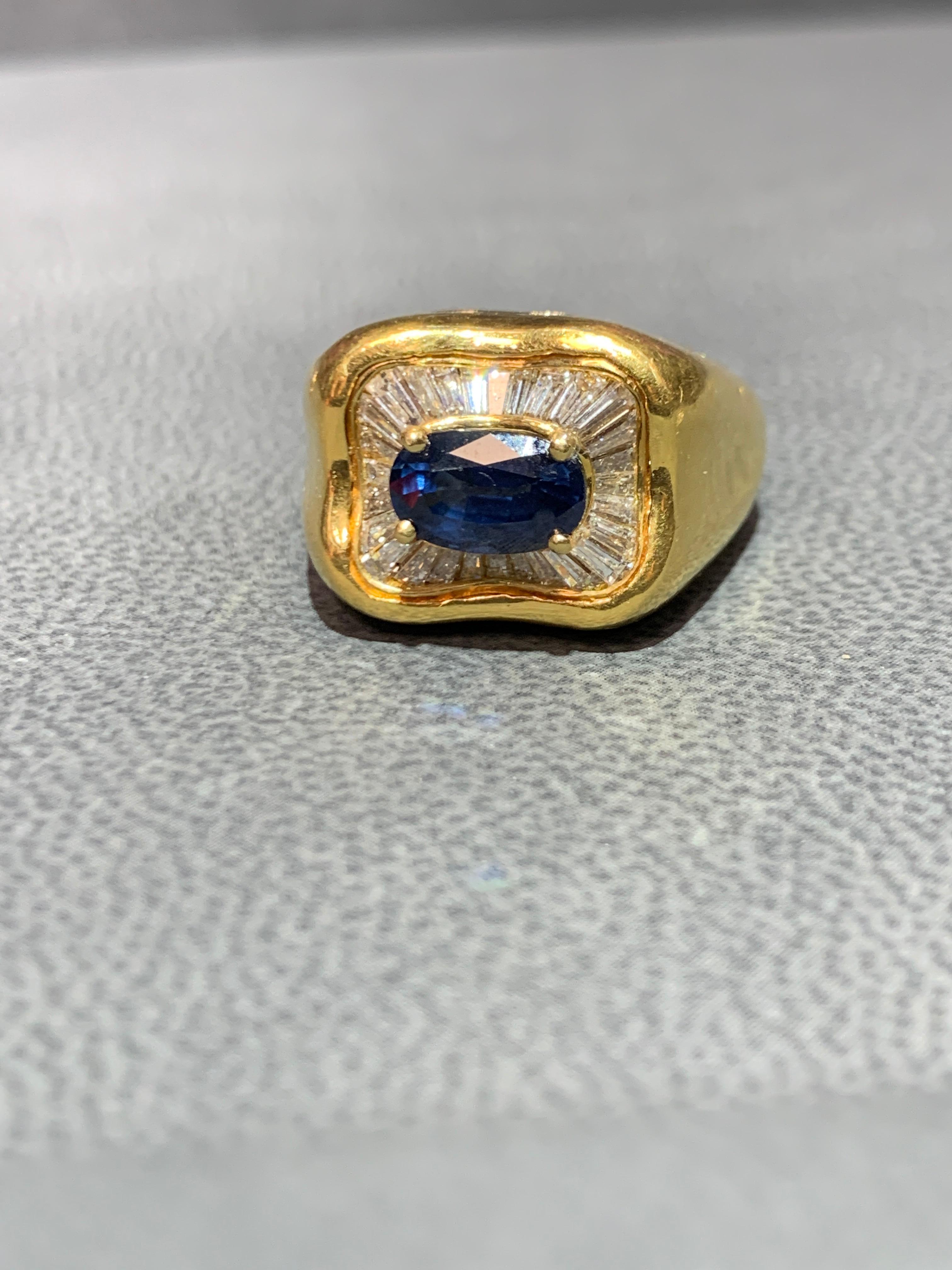Sapphire & Diamond Yellow Gold  Men's Ring 
Sapphire Weight: 1.43 cts
Diamond Weight: 1.2 cts
Ring Size: 8.5
Re-sizable to any size free of charge 
Gram Weight: 21.6 grams 
14K Yellow Gold 