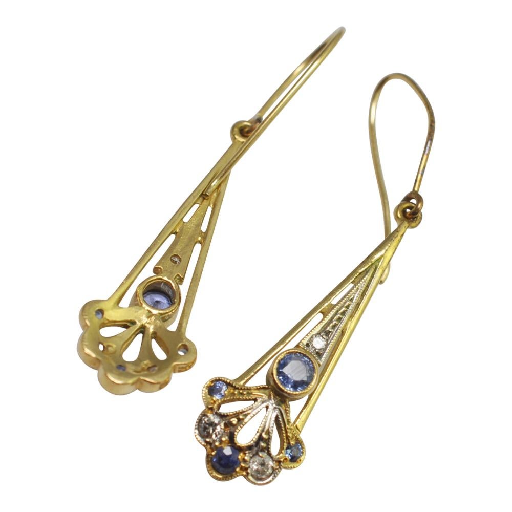 Edwardian Sapphire Diamond Gold Pendant Earrings