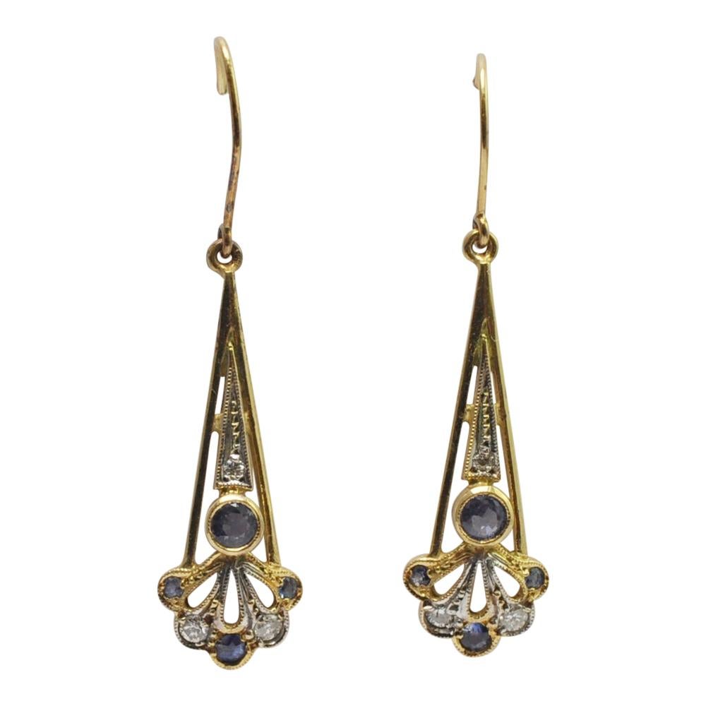 Women's Sapphire Diamond Gold Pendant Earrings