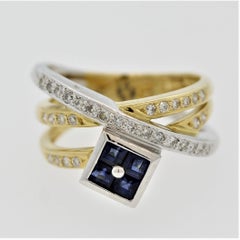 Sapphire Diamond Gold and Platinum Crossover Ring