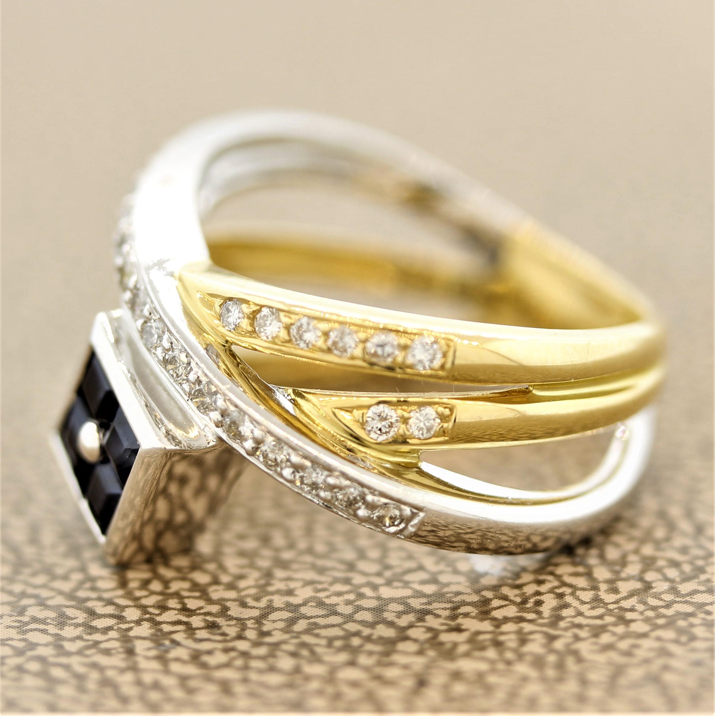 Crossover-Ring mit Saphir und Diamant in Gold und Platin (Gemischter Schliff) im Angebot