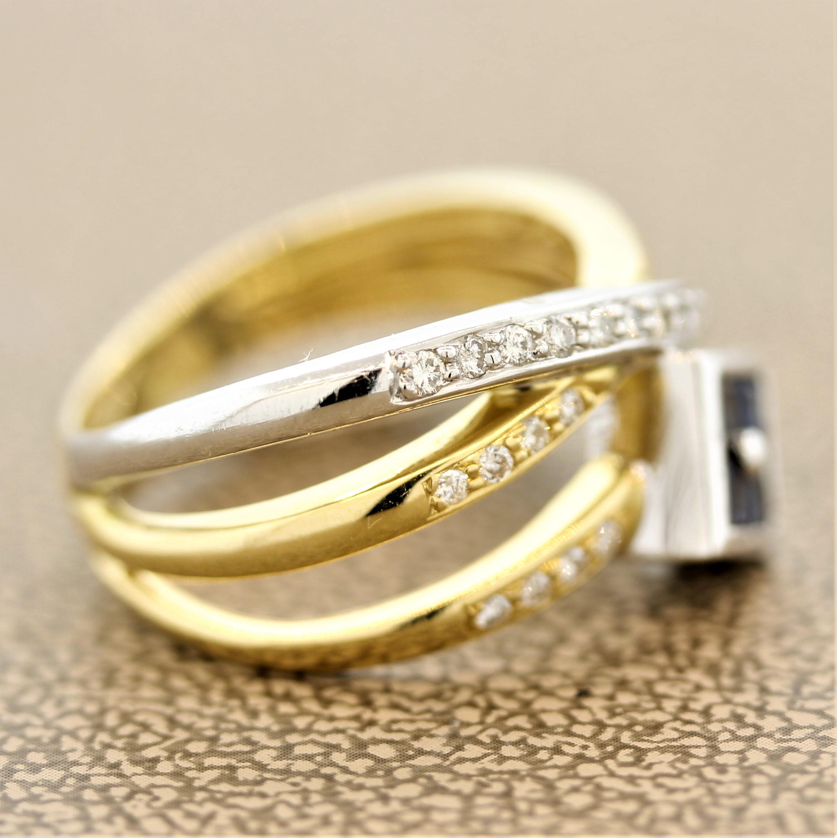 Crossover-Ring mit Saphir und Diamant in Gold und Platin Damen im Angebot