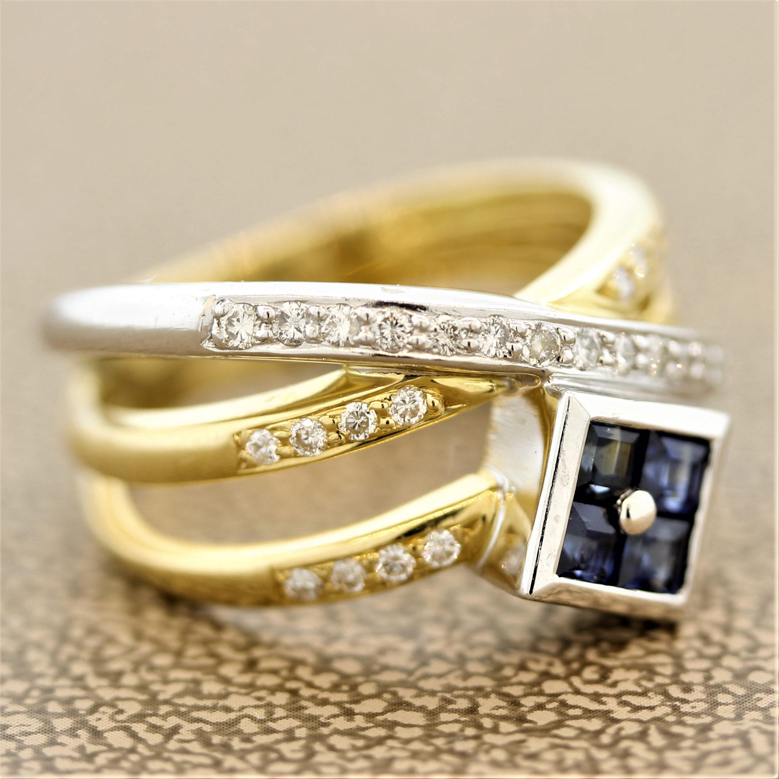 Crossover-Ring mit Saphir und Diamant in Gold und Platin im Angebot 1