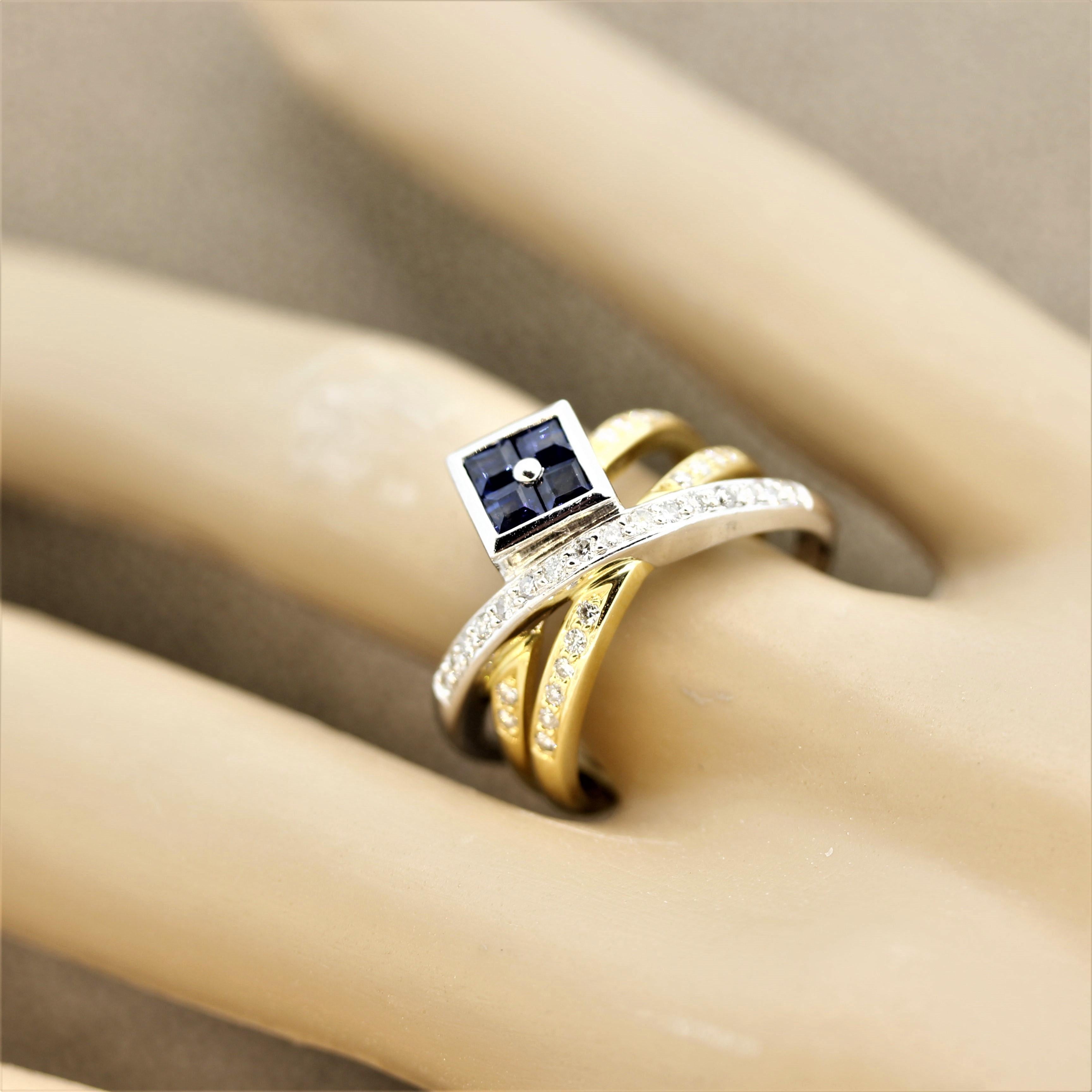 Crossover-Ring mit Saphir und Diamant in Gold und Platin im Angebot 2