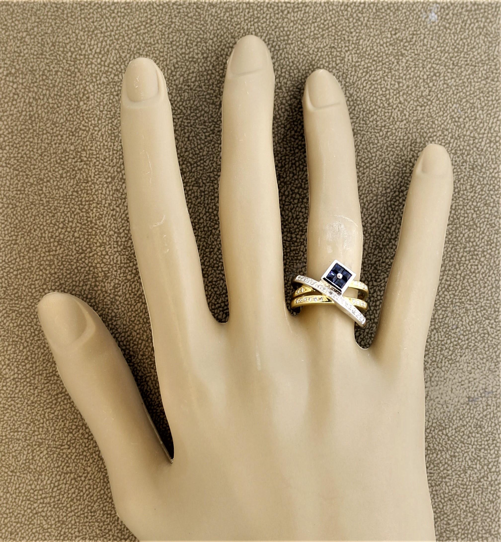 Crossover-Ring mit Saphir und Diamant in Gold und Platin im Angebot 3