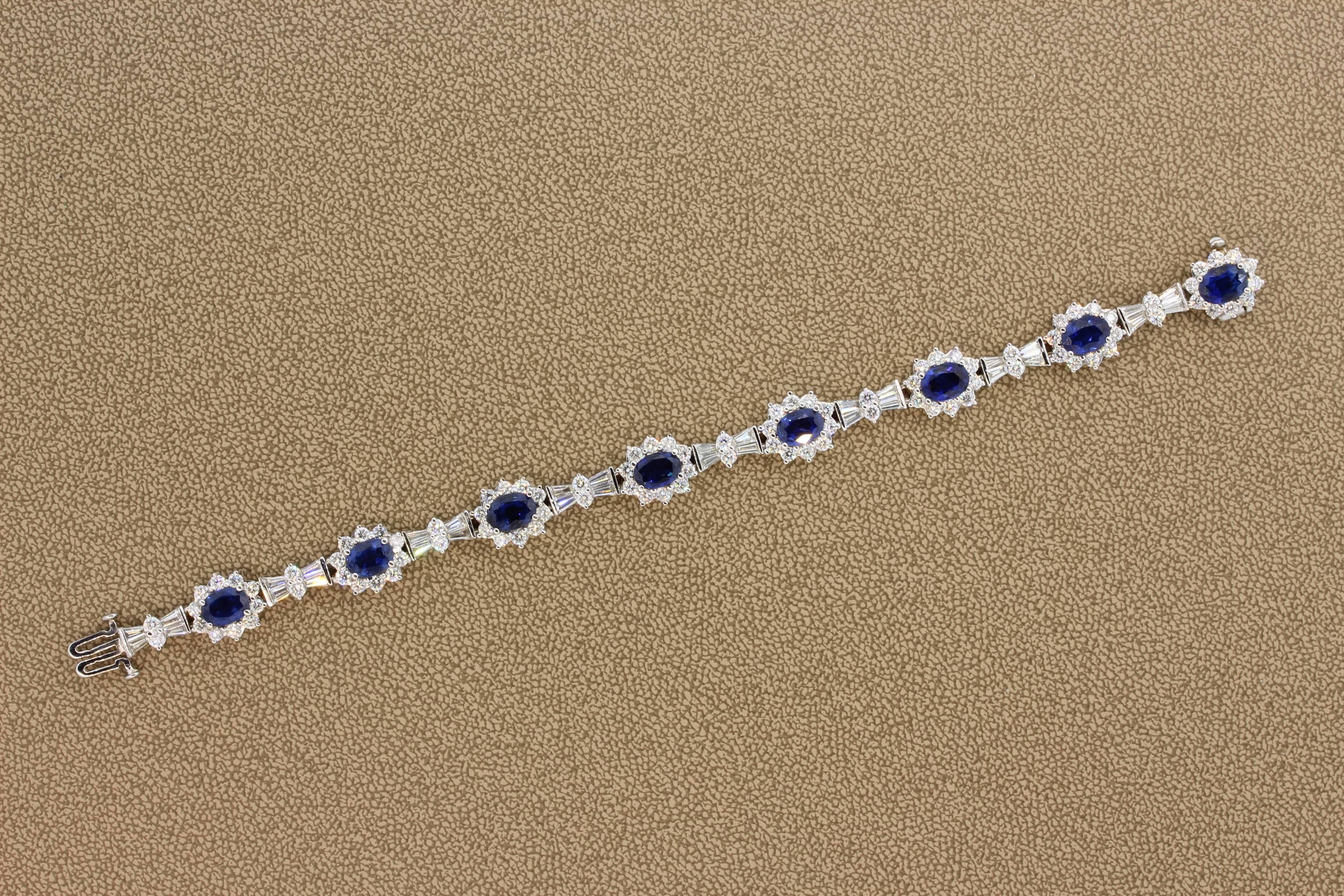 A luxurious piece of fine jewelry. This bracelet features 8 blue sapphires with deep color weighting a total of 9.90 carats. There are 5.38 carats of VS quality diamonds filling the rest of the bracelet elevating its look and feel.

Length: 7 inches
