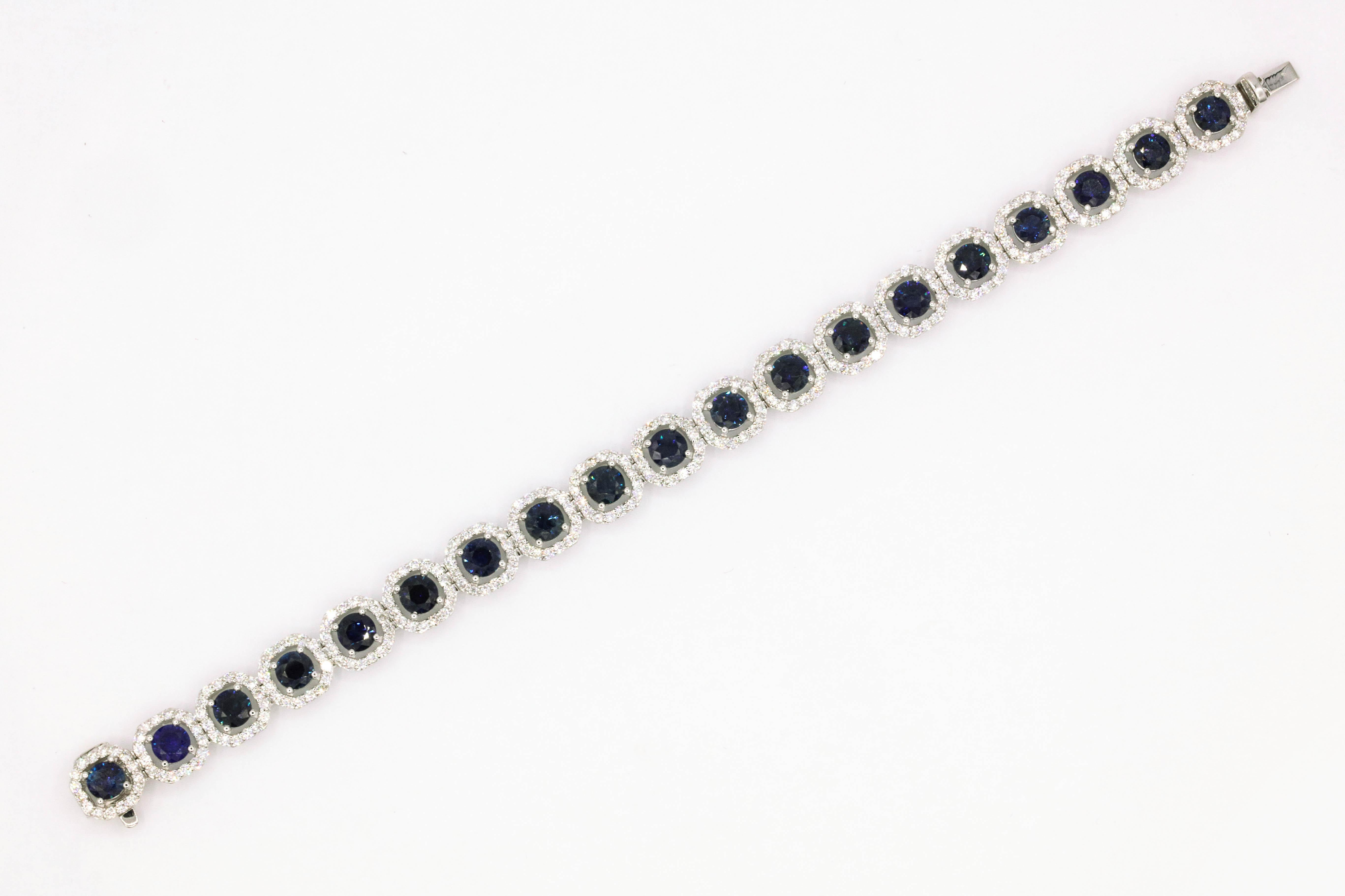 Contemporary Sapphire Diamond Halo Bracelet 13.92 Carats 18 Karat White Gold