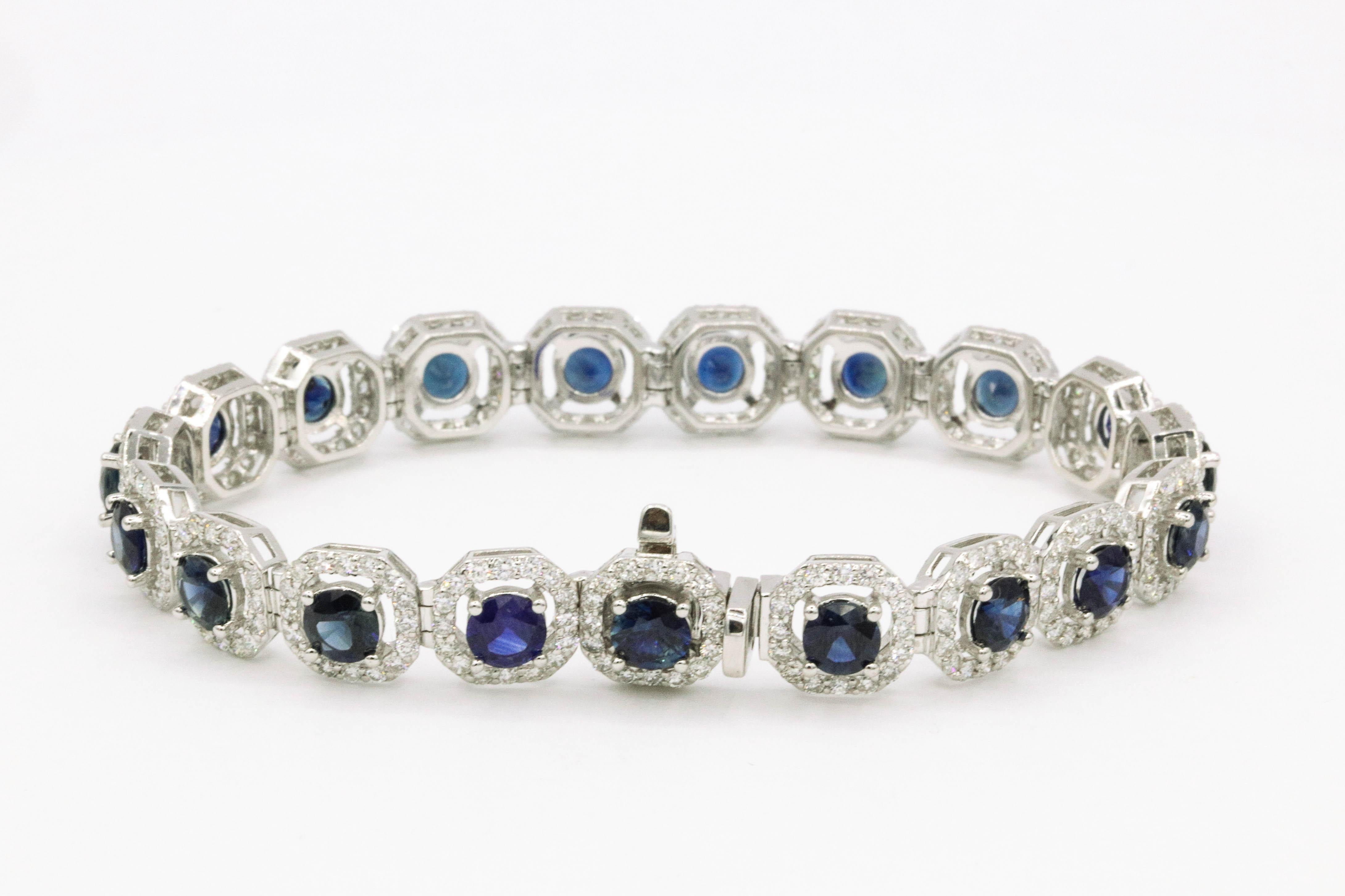 Sapphire Diamond Halo Bracelet 13.92 Carats 18 Karat White Gold In New Condition In New York, NY