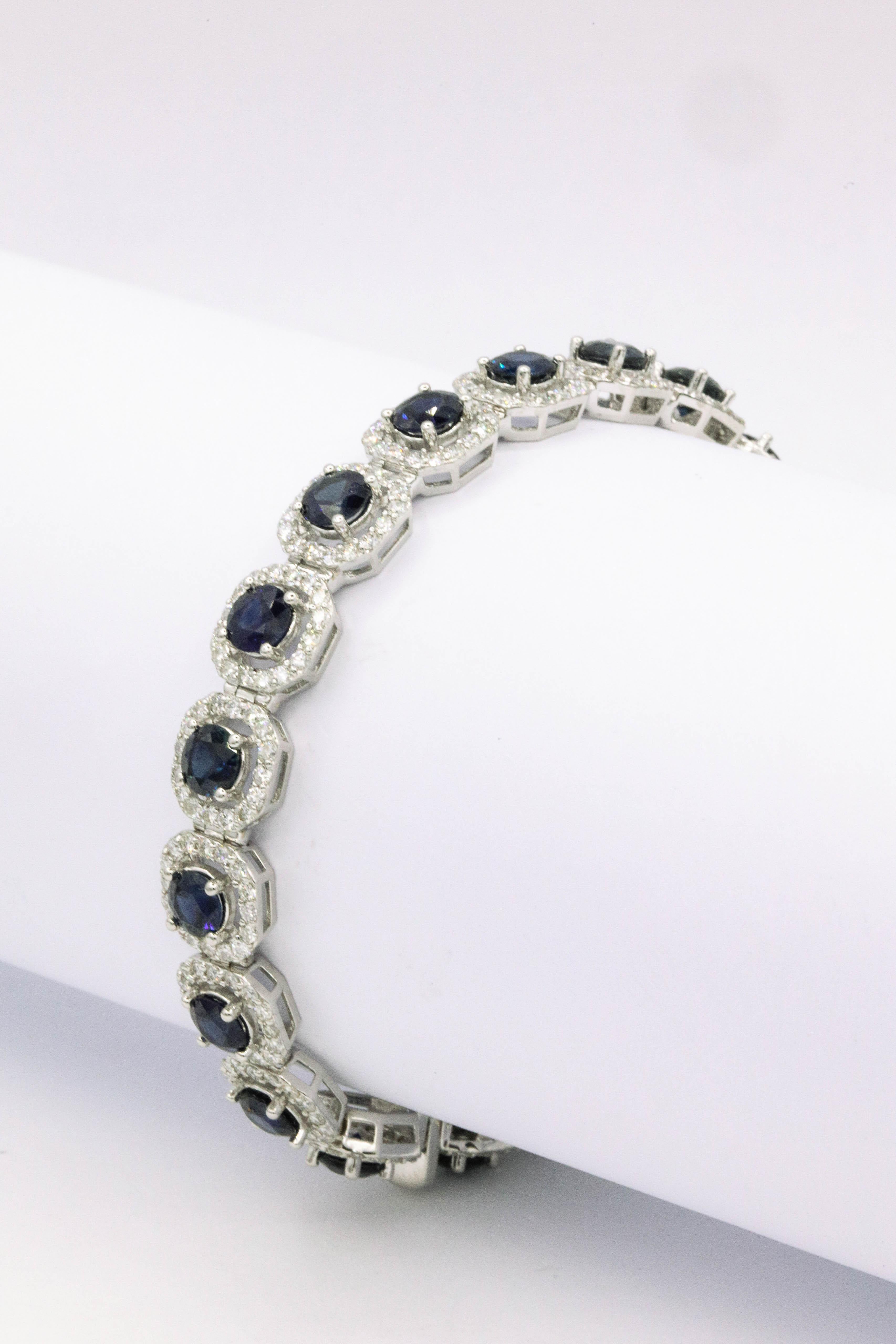 Women's Sapphire Diamond Halo Bracelet 13.92 Carats 18 Karat White Gold