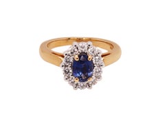Sapphire & Diamond Halo Cluster Ring in 18K Gold, British Hallmarked