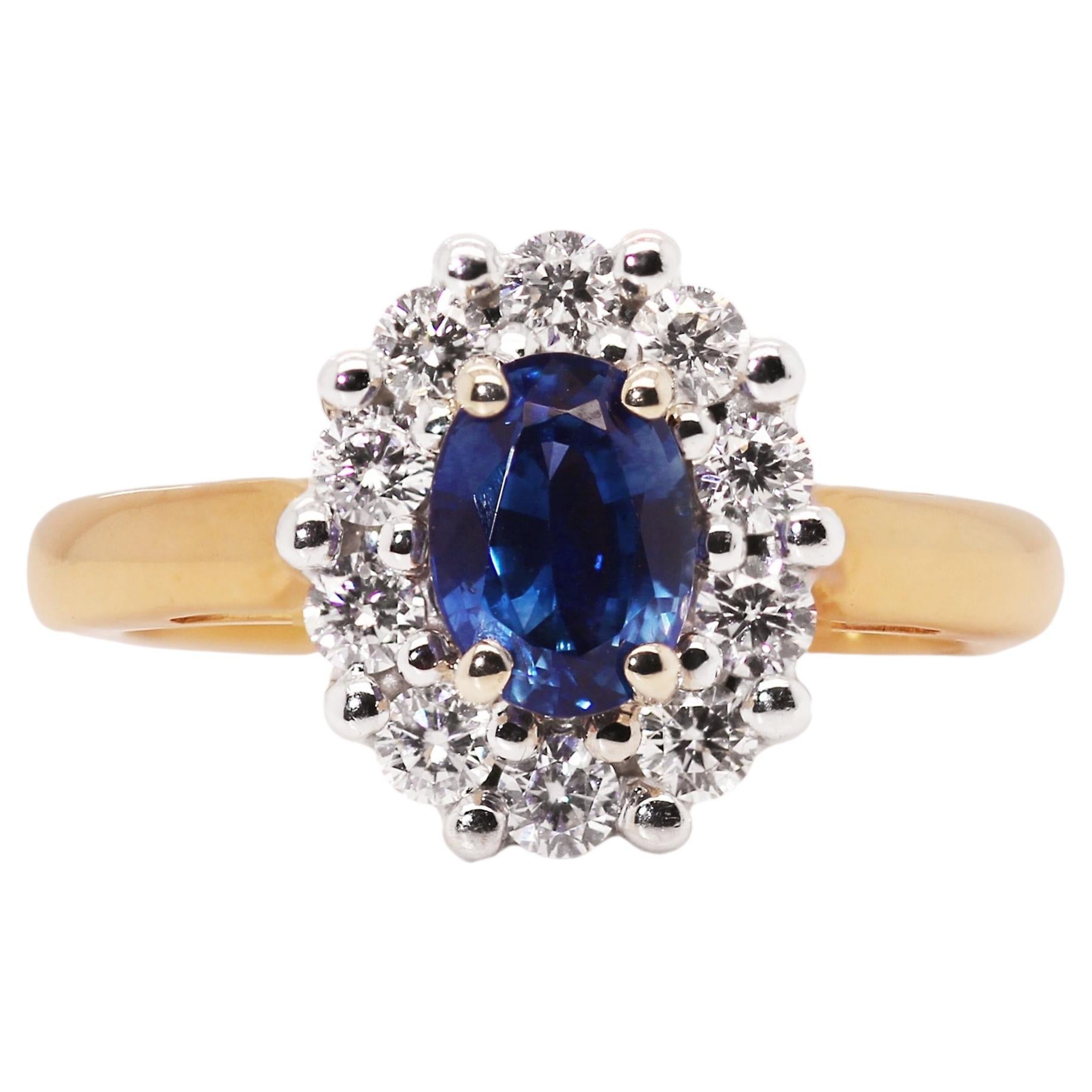 Sapphire & Diamond Halo Cluster Ring in 18K Gold, British Hallmarked For Sale