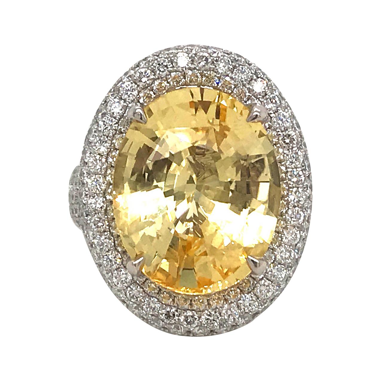 C. DUNAIGRE Sapphire Diamond Halo Cocktail Ring 17.92 Carat 18 Karat Yellow Gold