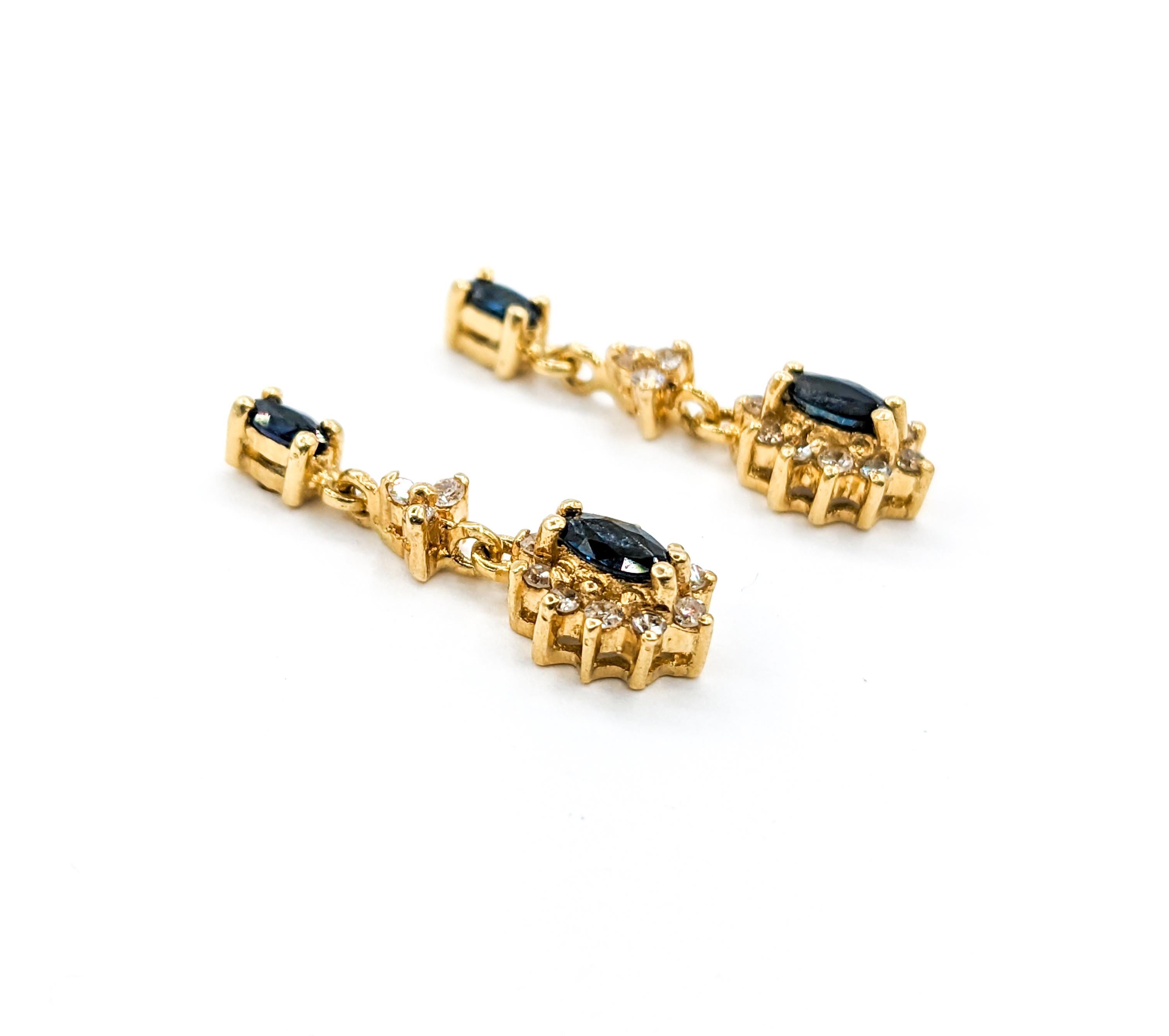 Modern Sapphire & Diamond Halo Dangle Stud Earrings in Yellow Gold For Sale