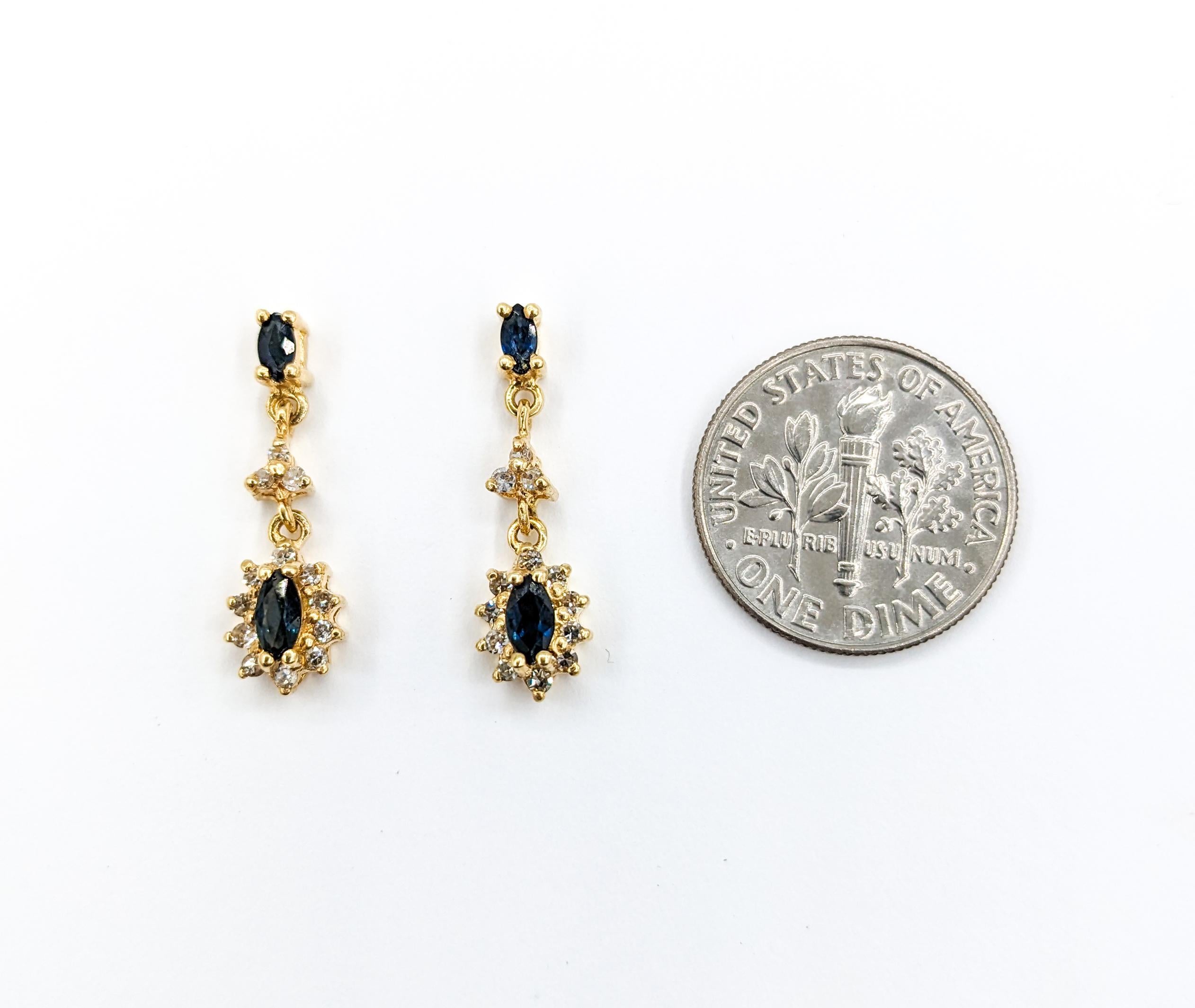 Marquise Cut Sapphire & Diamond Halo Dangle Stud Earrings in Yellow Gold For Sale