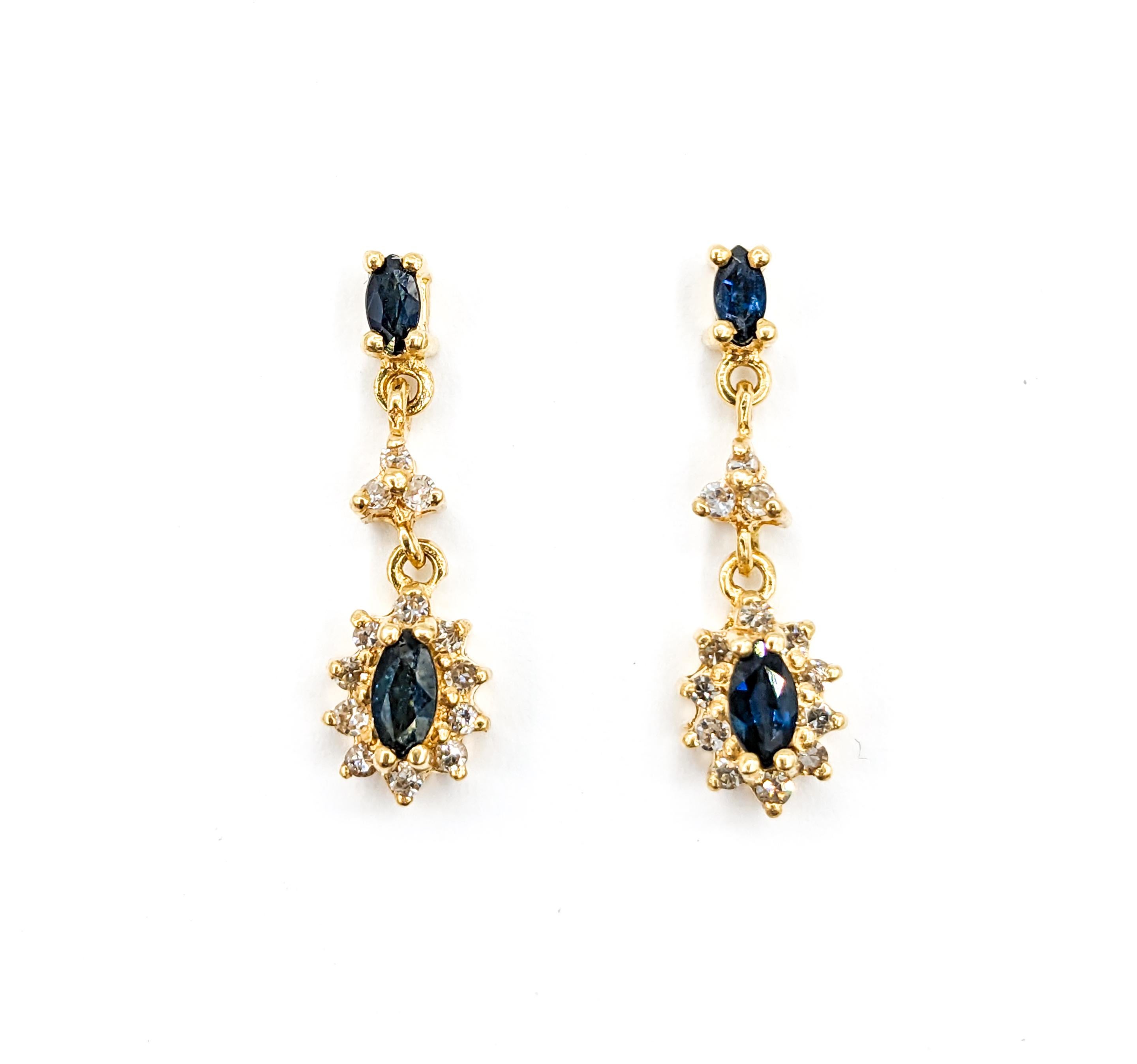 Sapphire & Diamond Halo Dangle Stud Earrings in Yellow Gold In Excellent Condition For Sale In Bloomington, MN