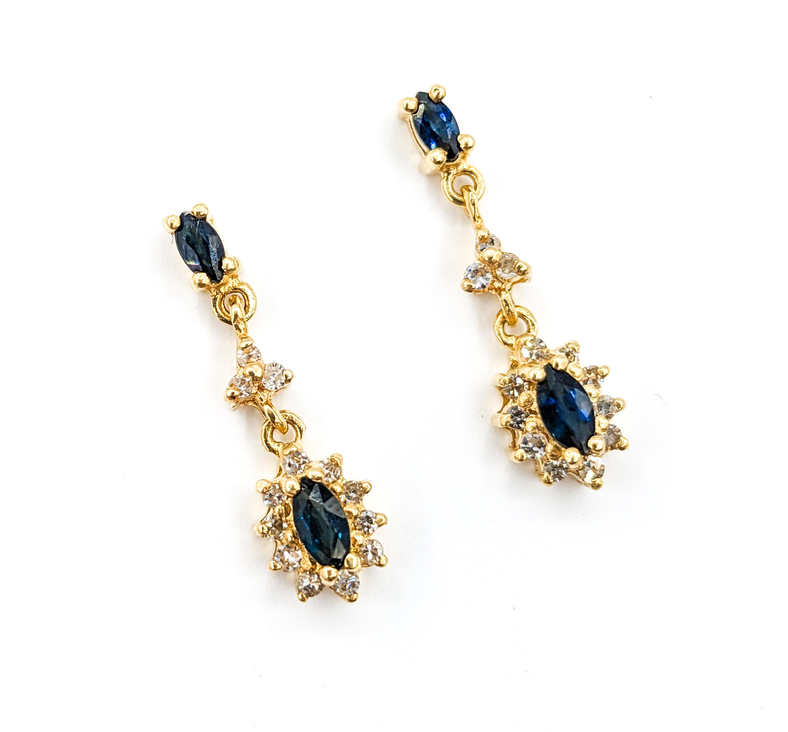 Women's Sapphire & Diamond Halo Dangle Stud Earrings in Yellow Gold For Sale