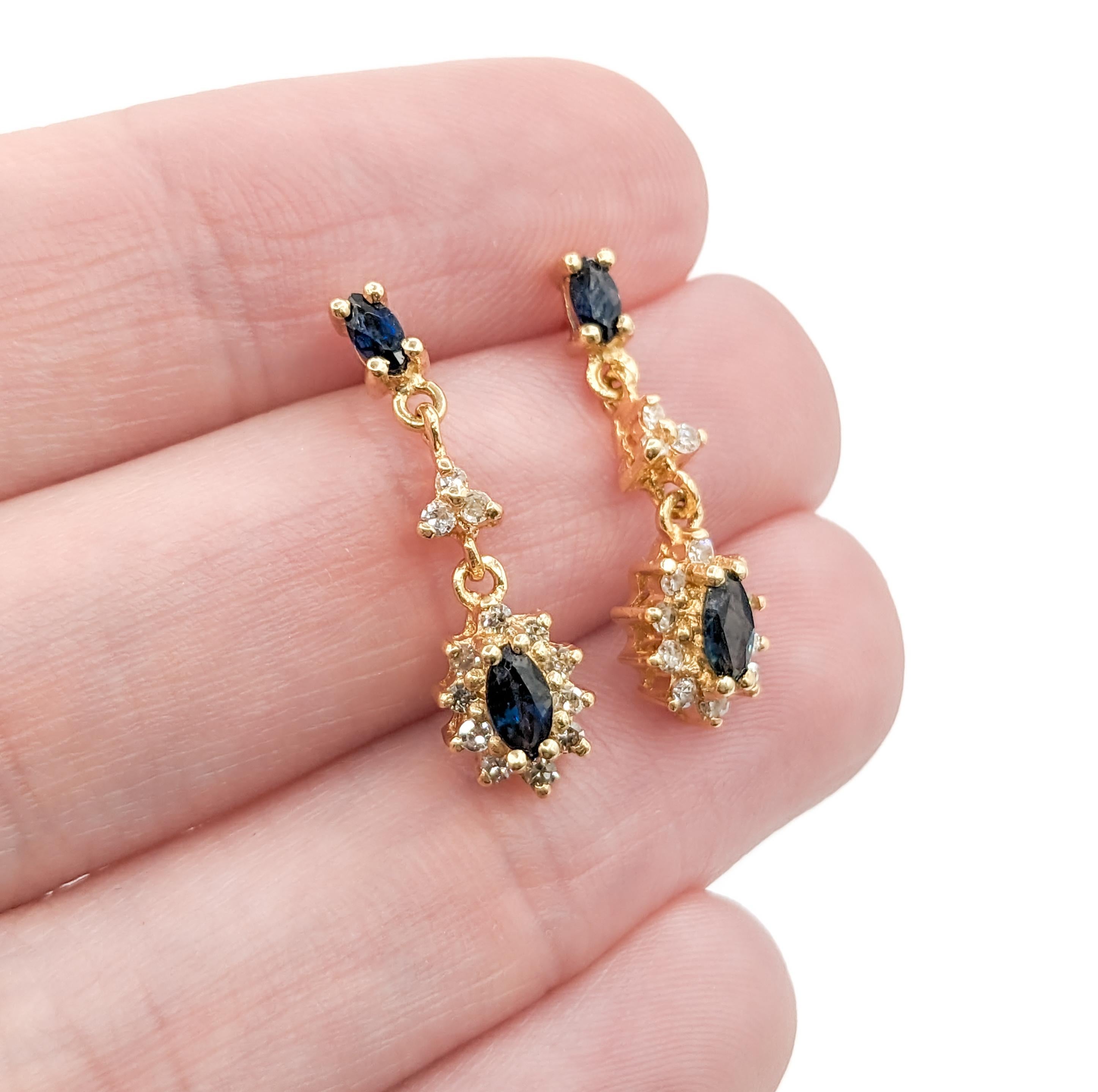 Sapphire & Diamond Halo Dangle Stud Earrings in Yellow Gold For Sale 1