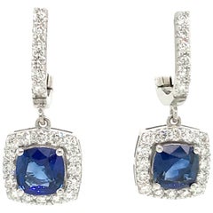 Sapphire Diamond Halo Drop Earrings 3.09 Carat 14 Karat White Gold