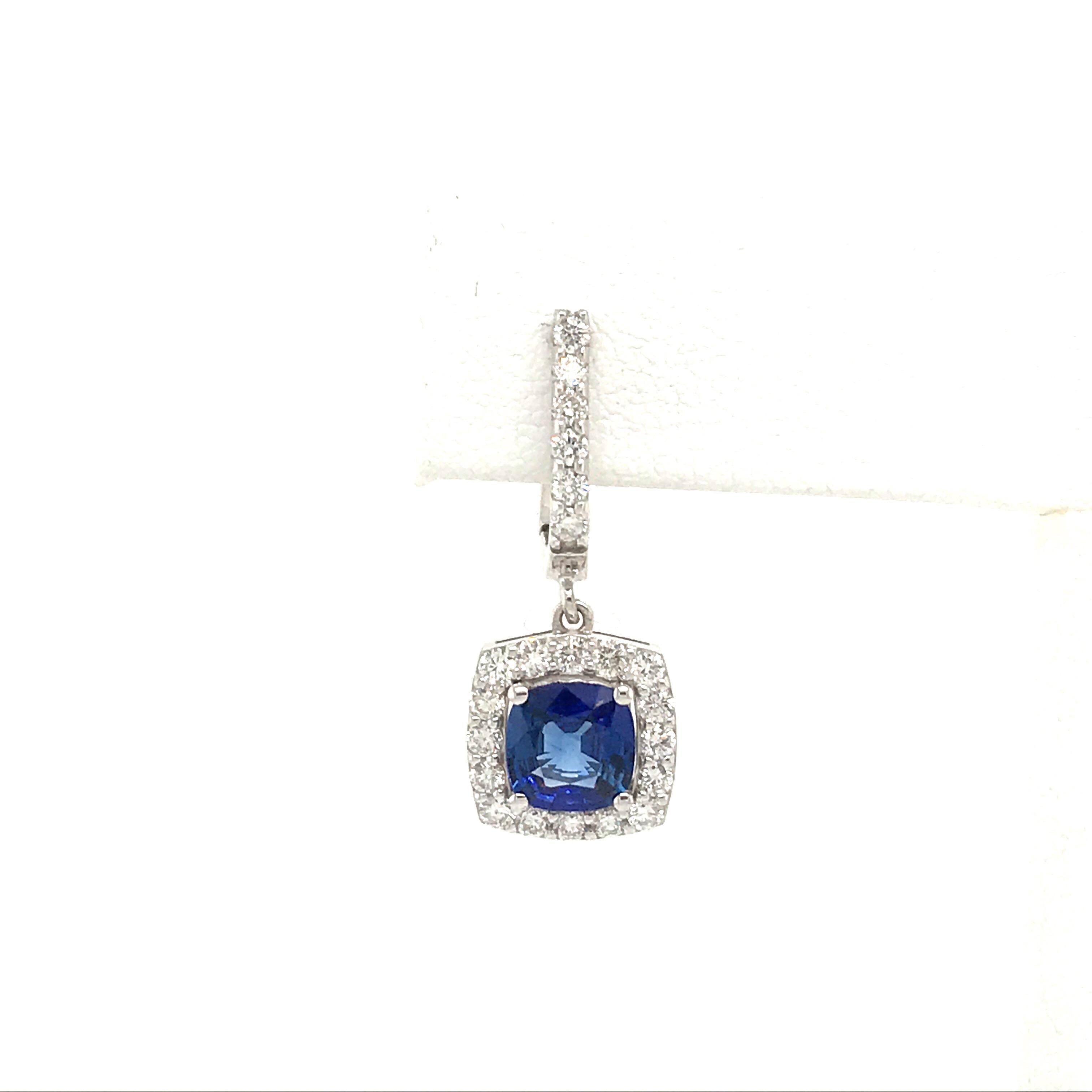 Contemporary Sapphire Diamond Halo Drop Earrings 3.09 Carat 14 Karat White Gold
