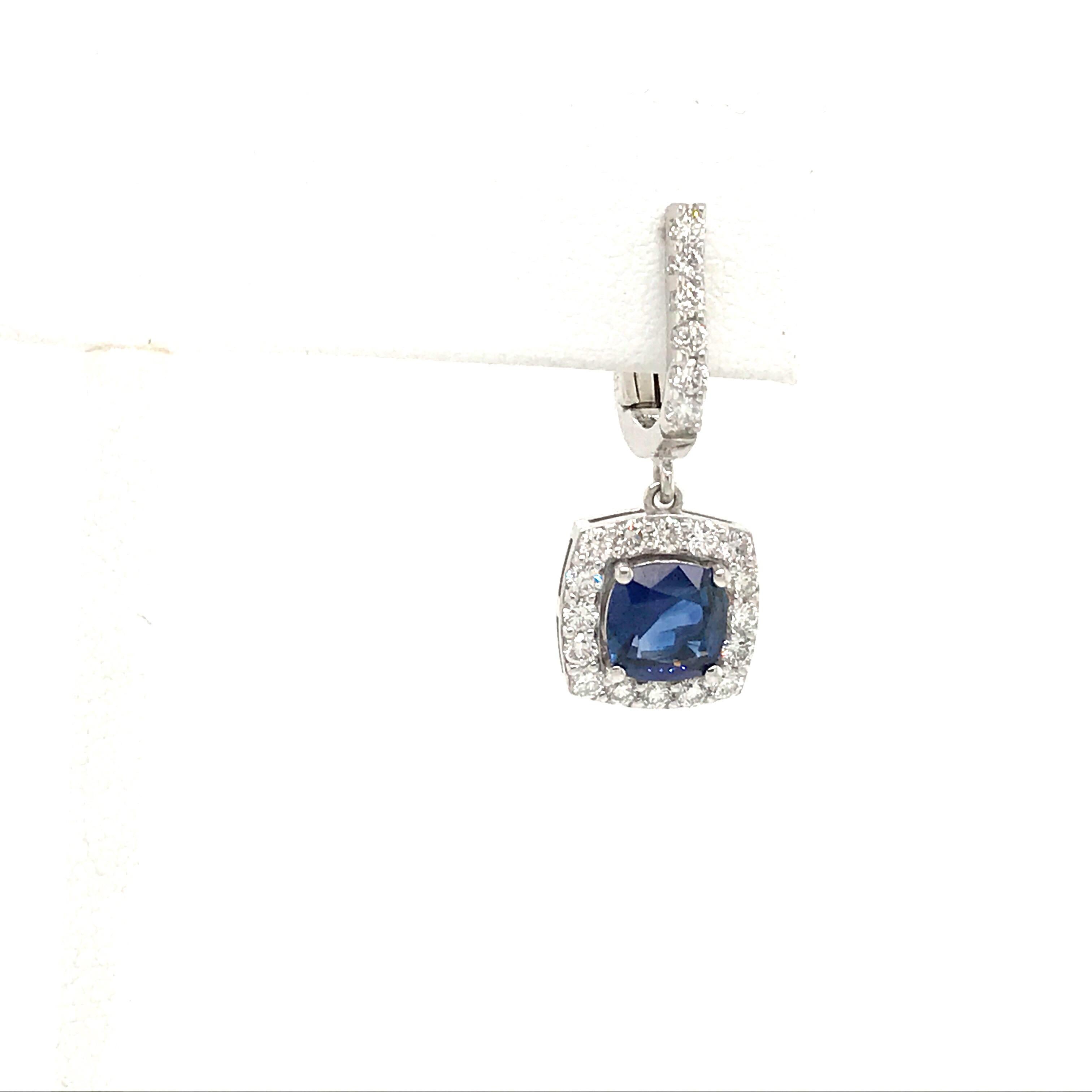 Cushion Cut Sapphire Diamond Halo Drop Earrings 3.09 Carat 14 Karat White Gold