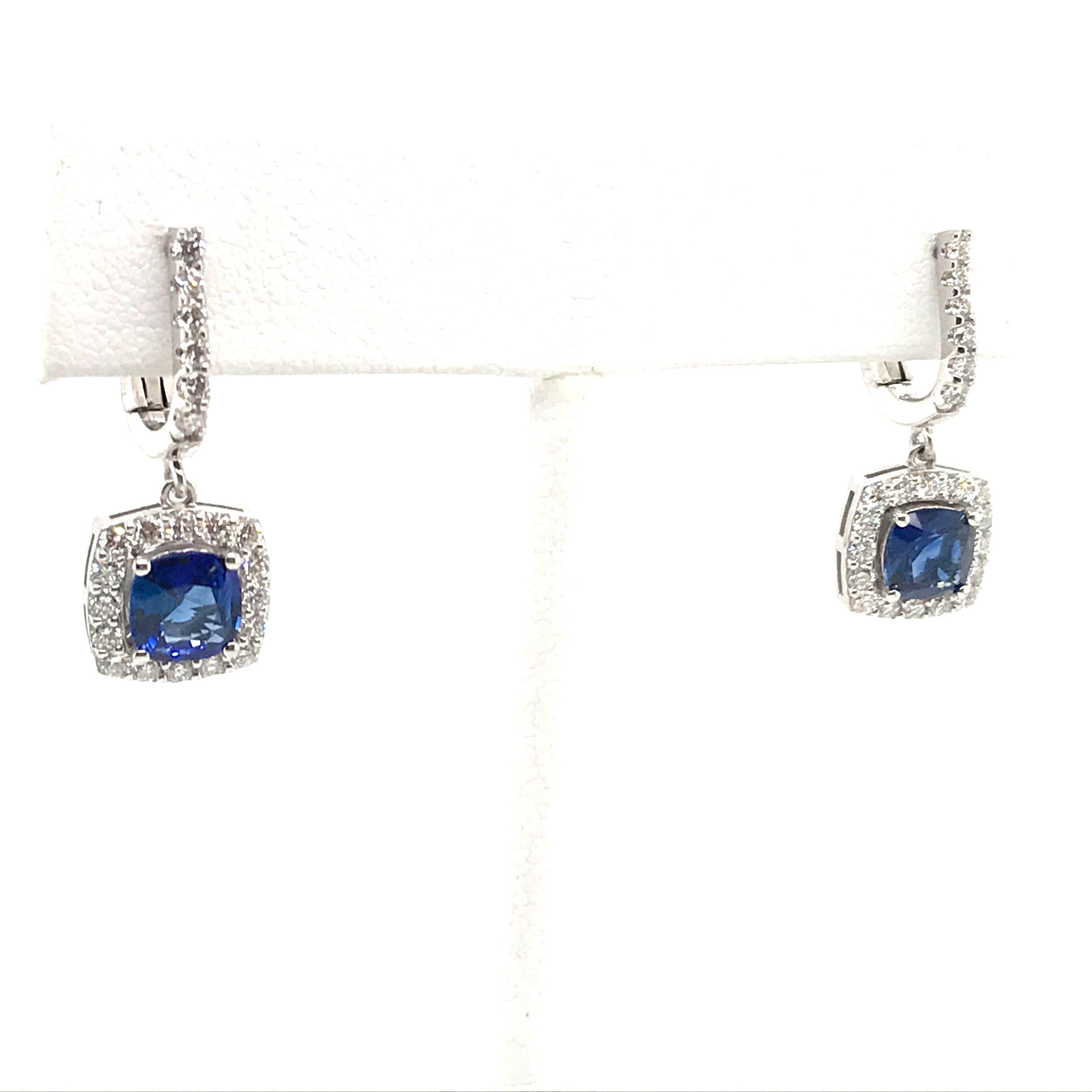 Sapphire Diamond Halo Drop Earrings 3.09 Carat 14 Karat White Gold In New Condition In New York, NY