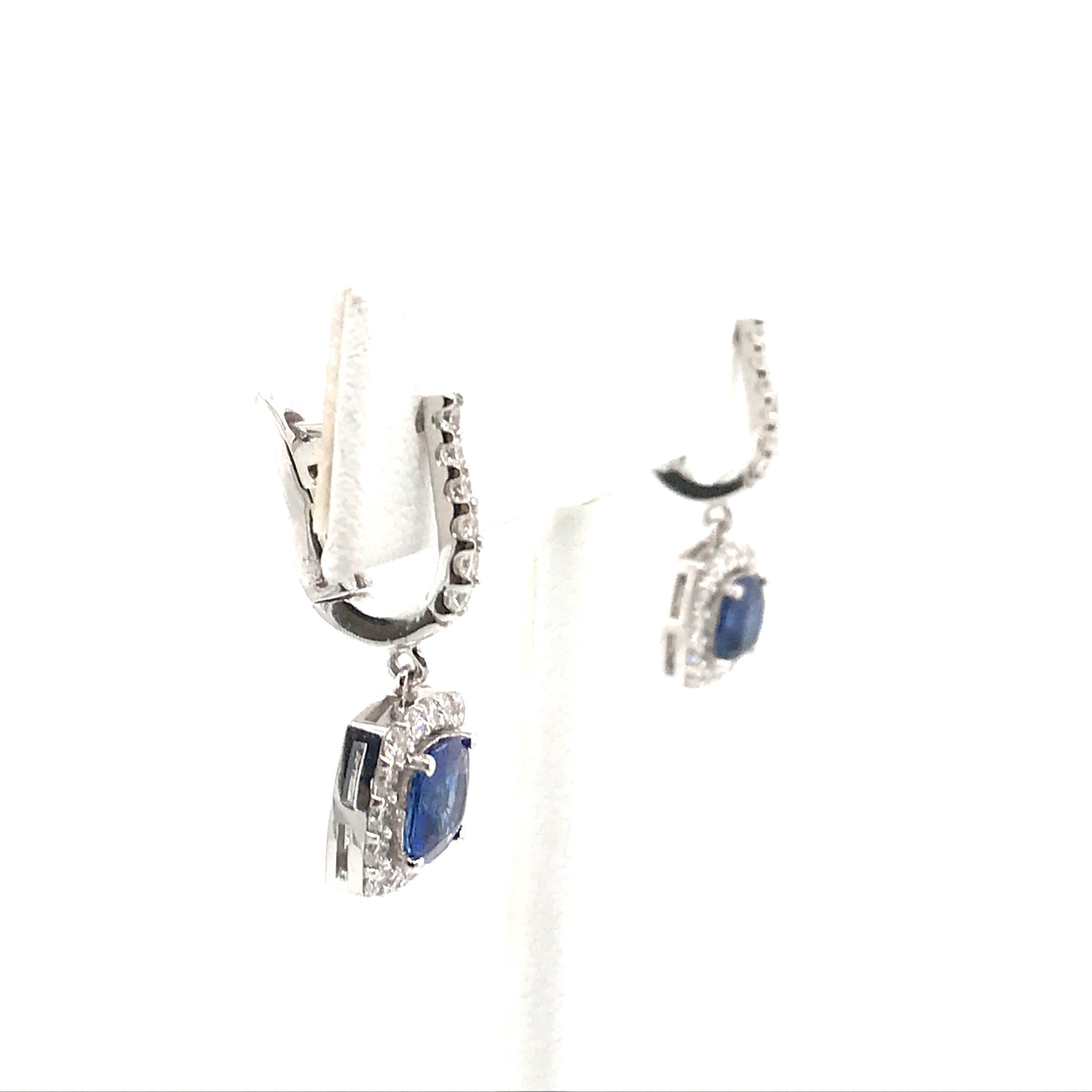 Women's Sapphire Diamond Halo Drop Earrings 3.09 Carat 14 Karat White Gold