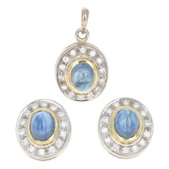 Sapphire 
Diamond Halo Earrings 
Pendant Set 18k Gold Pierced Cabochon 2.37ctw