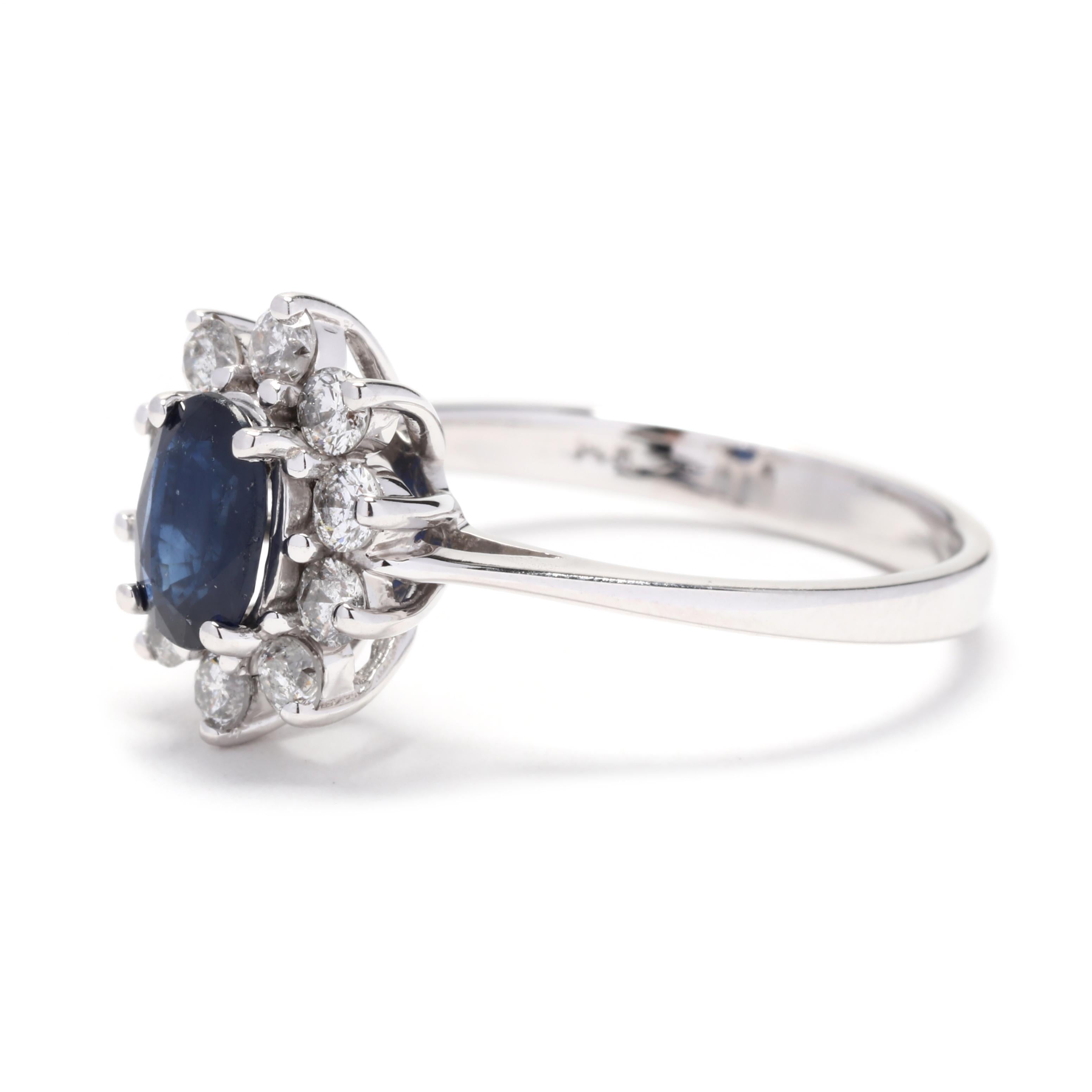 Sapphire Diamond Halo Engagement Ring, 14K White Gold, Ring Size 7.25 In Good Condition For Sale In McLeansville, NC