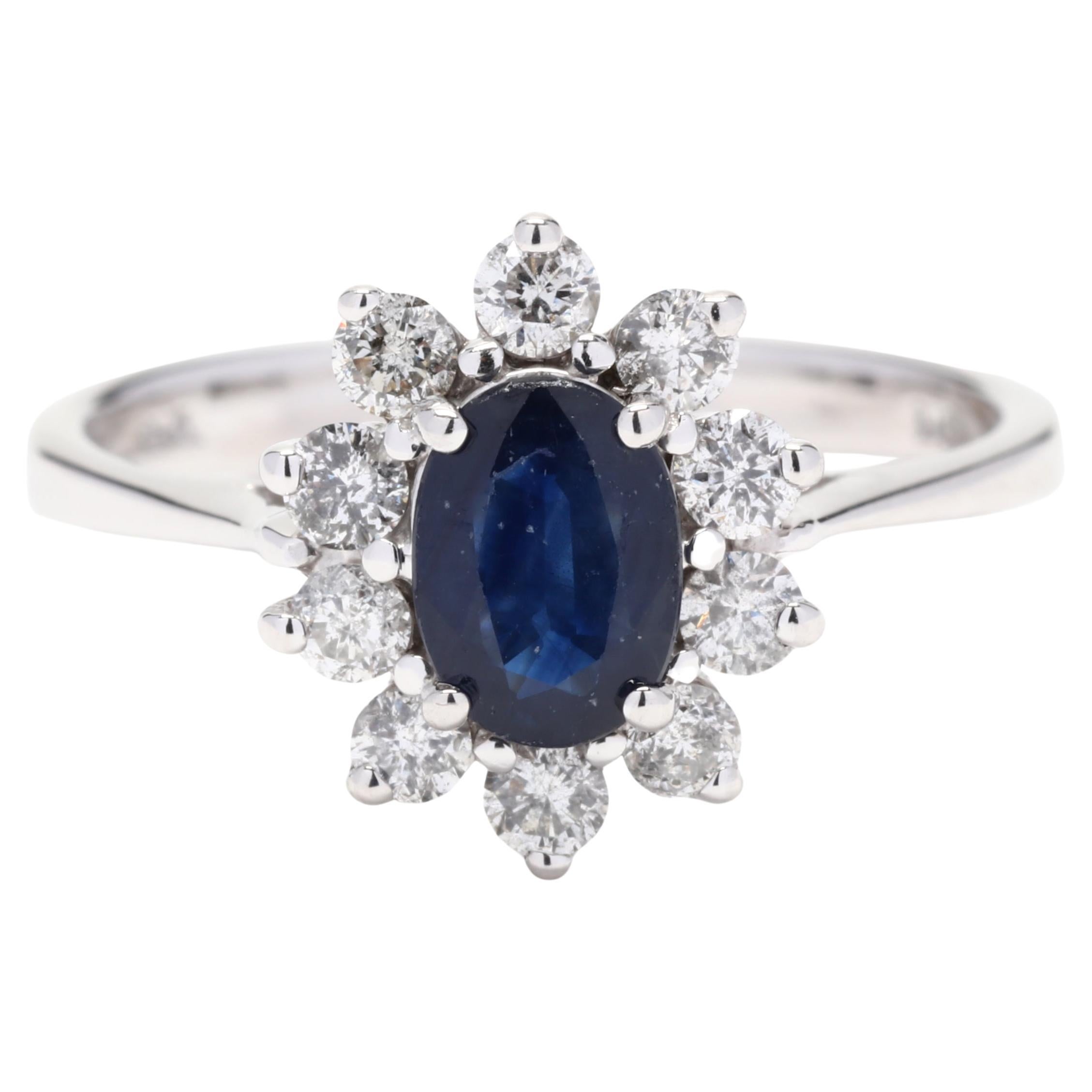 Sapphire Diamond Halo Engagement Ring, 14K White Gold, Ring Size 7.25 For Sale