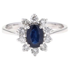 Sapphire Diamond Halo Engagement Ring, 14K White Gold, Ring Size 7.25
