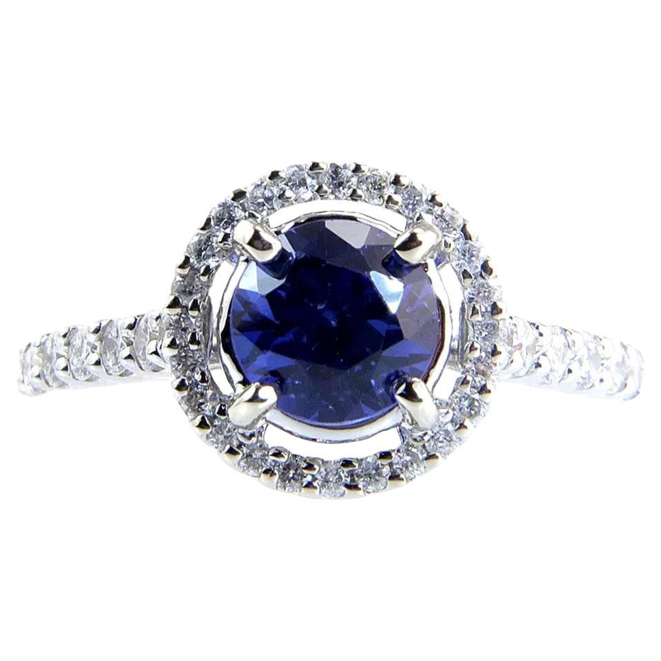 Sapphire Diamond Halo Engagement Ring 1.64ct 14K White Gold Birthstone