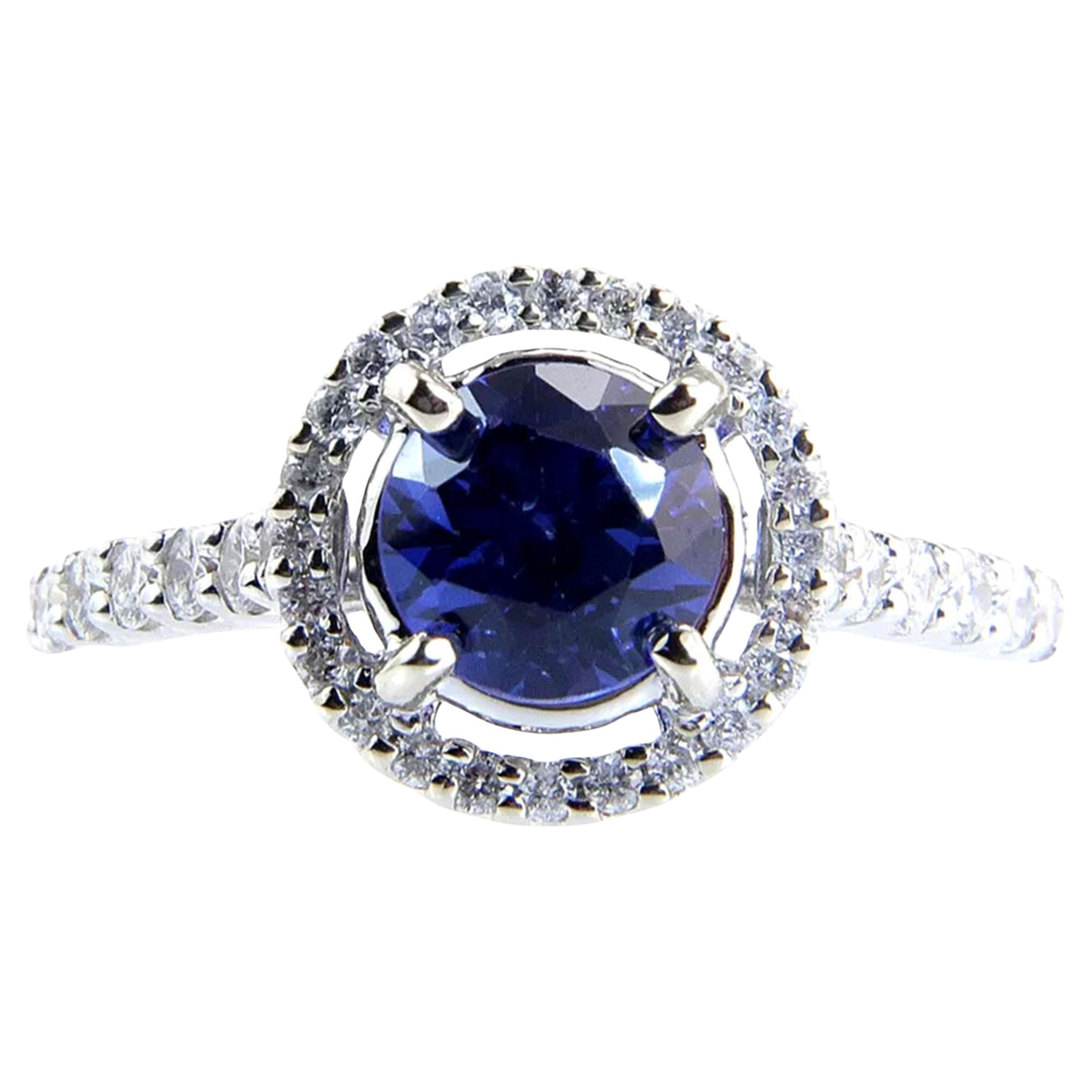 Sapphire Diamond Halo Engagement Ring 1.64ct 14K White Gold Birthstone