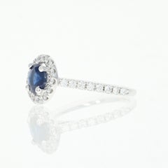 Sapphire and Diamond Halo Ring, 18 Karat White Gold Round Cut 1.82 Carat