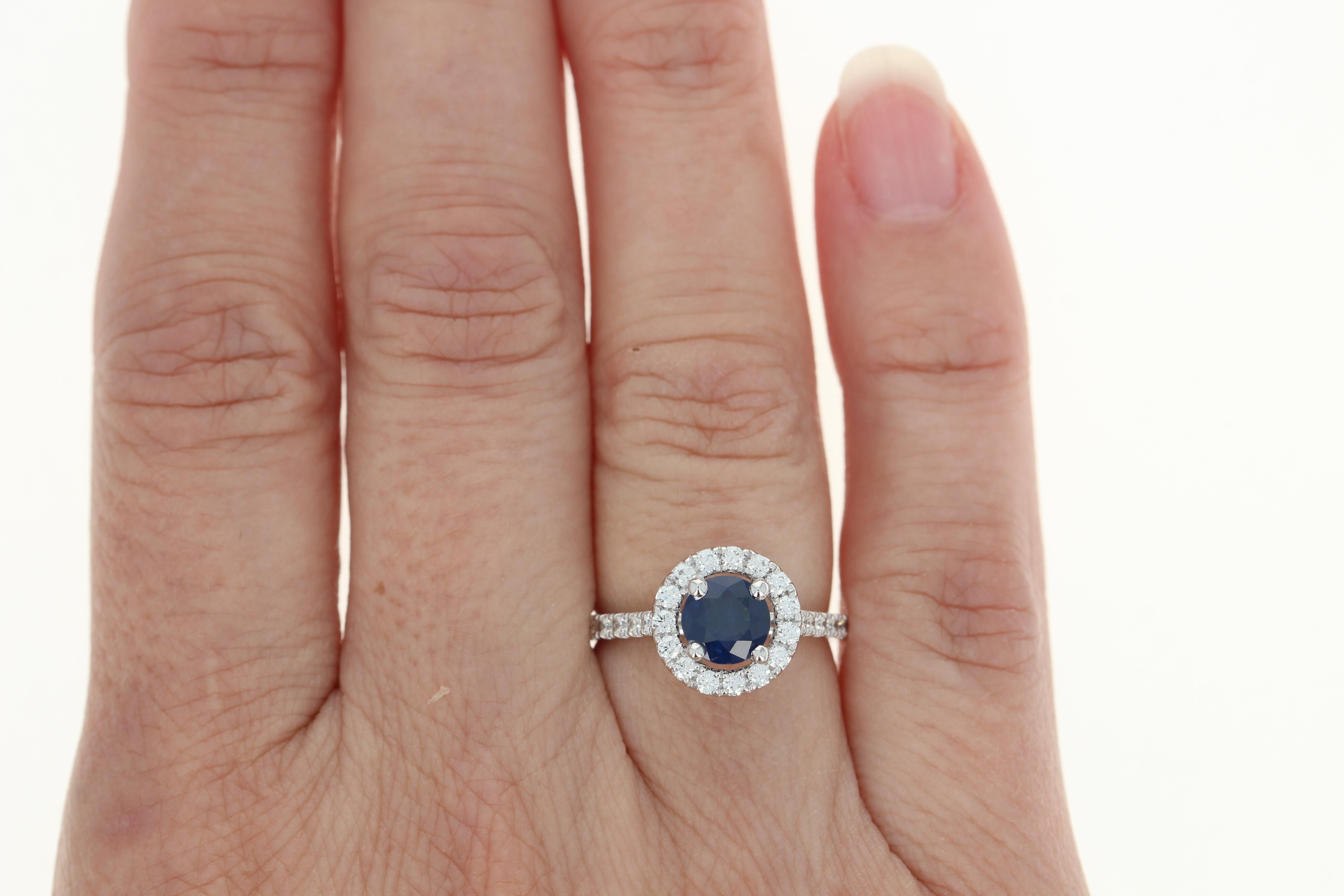 Sapphire and Diamond Halo Ring, 18 Karat White Gold Round Cut 1.82 Carat In Excellent Condition In Greensboro, NC
