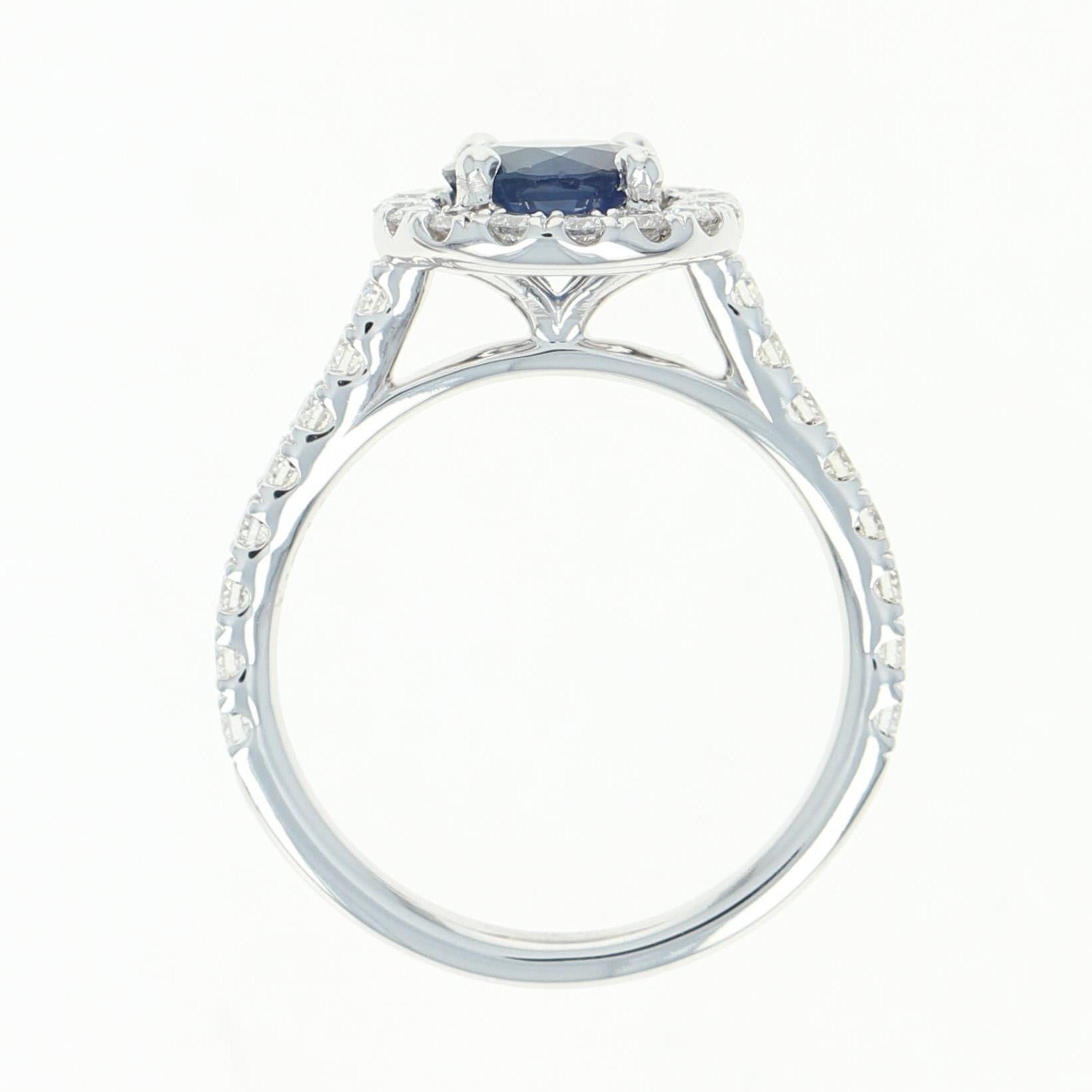 Sapphire and Diamond Halo Ring, 18 Karat White Gold Round Cut 1.82 Carat 1