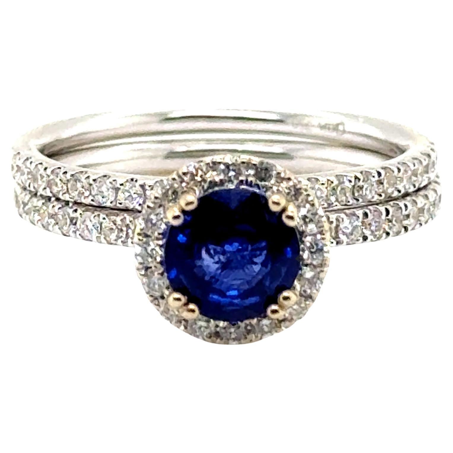 Sapphire Diamond Halo Engagement Ring Wedding Band Set 1.52ct 18K BRAND NEW