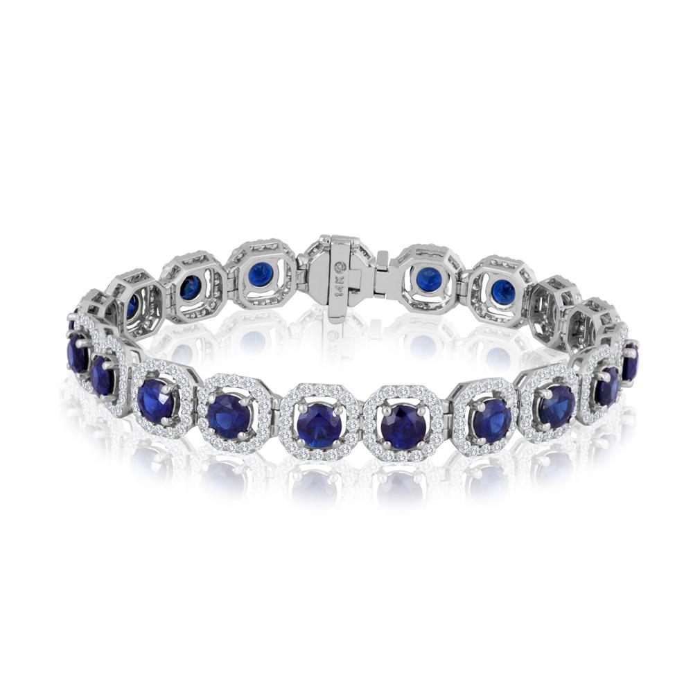 Modern Blue Sapphire Round White Diamond Halo White Gold Fashion Bracelet