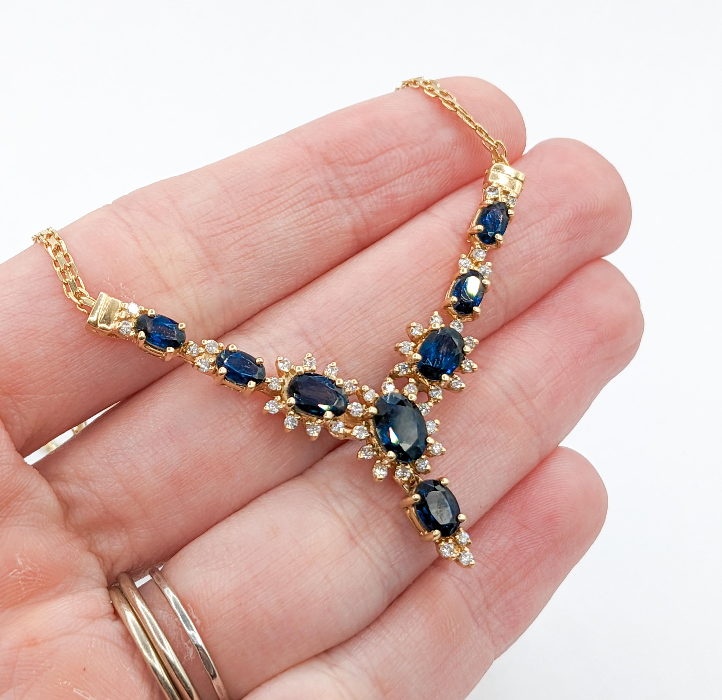 Modern Sapphire & Diamond Halo Necklace in Yellow Gold For Sale