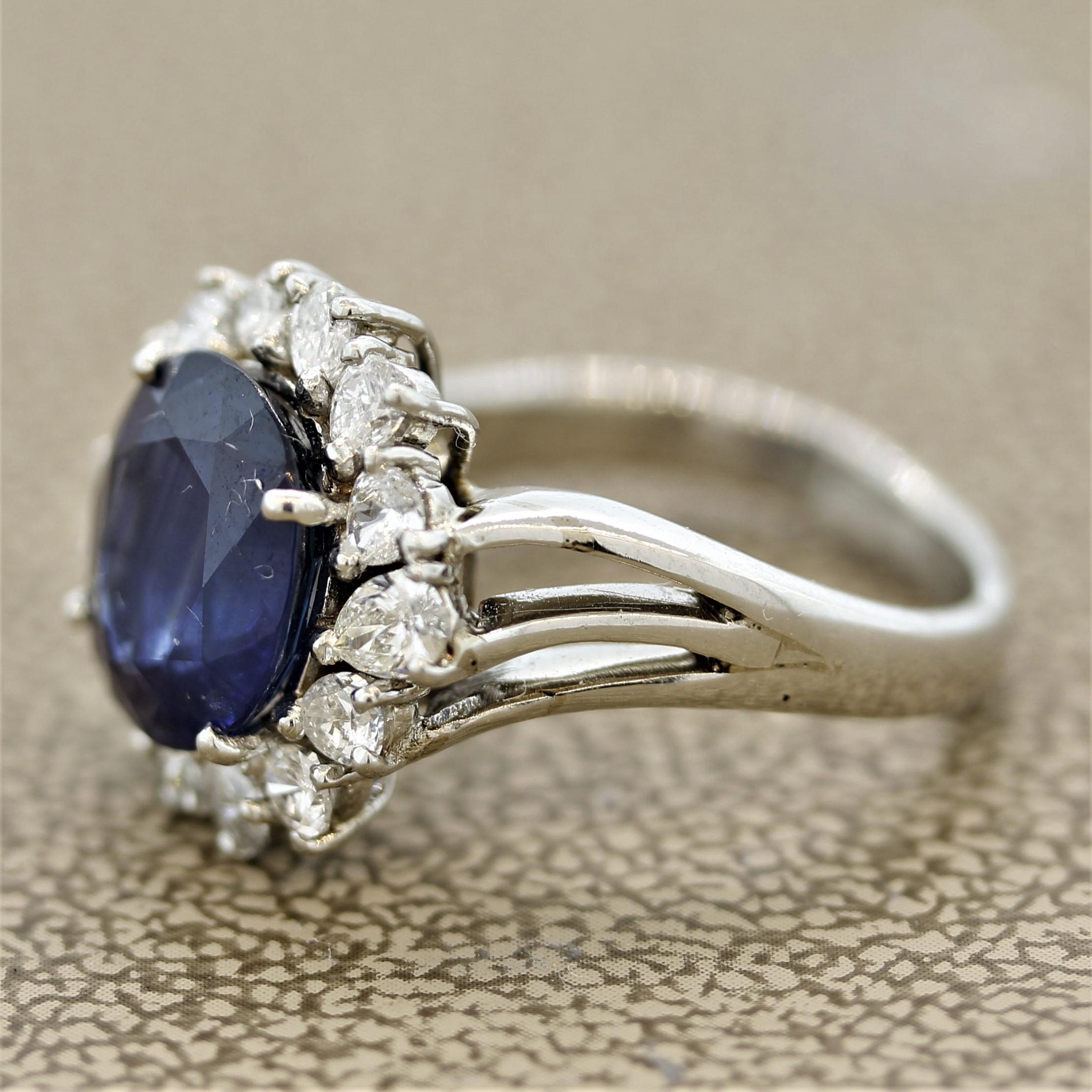 Oval Cut Sapphire Diamond Halo Platinum Ring For Sale