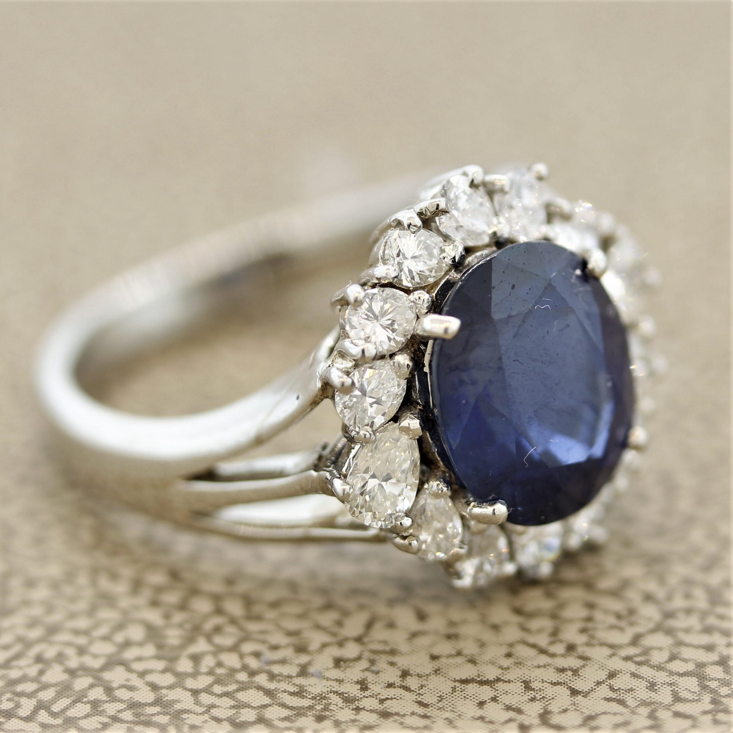 Women's Sapphire Diamond Halo Platinum Ring For Sale