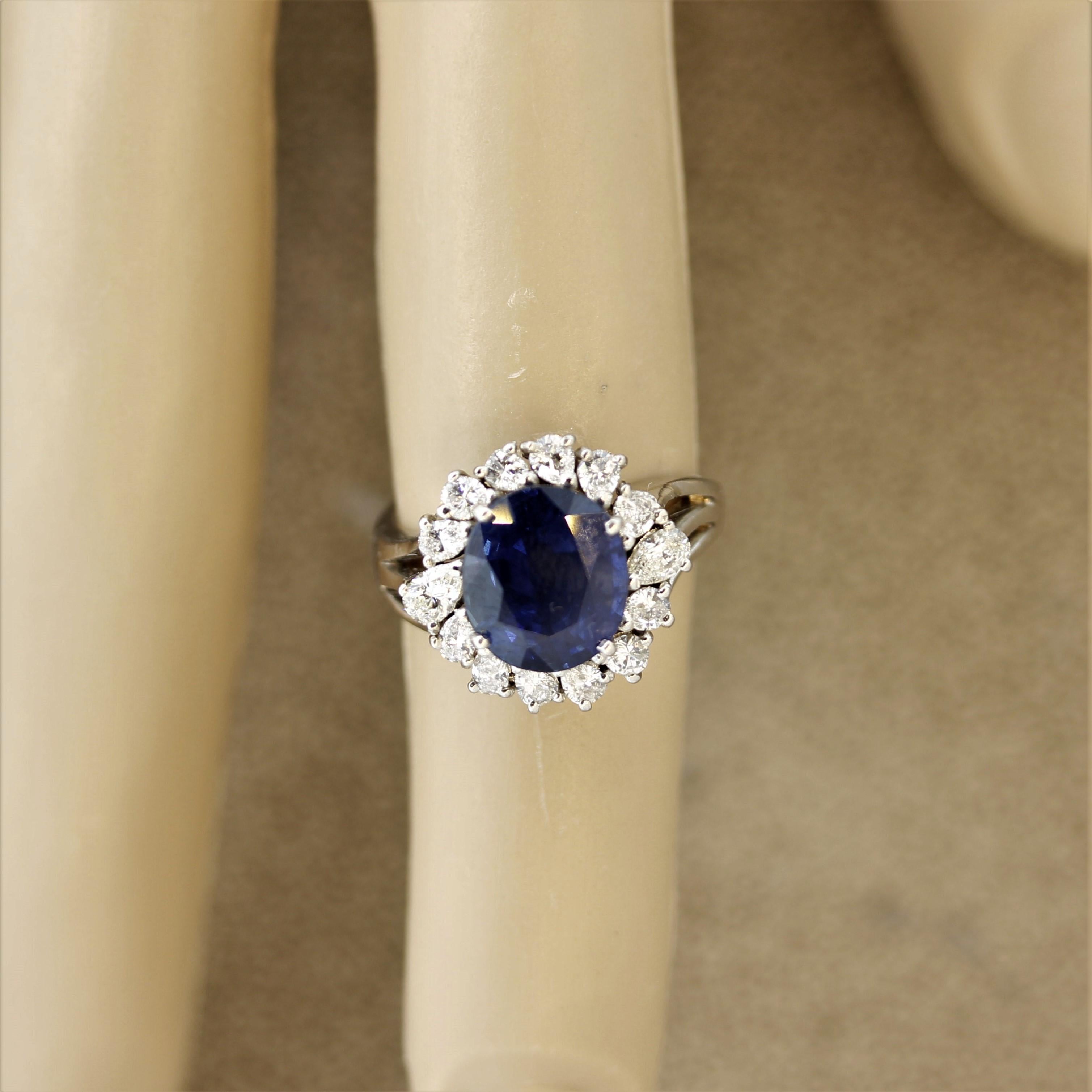 Sapphire Diamond Halo Platinum Ring For Sale 1