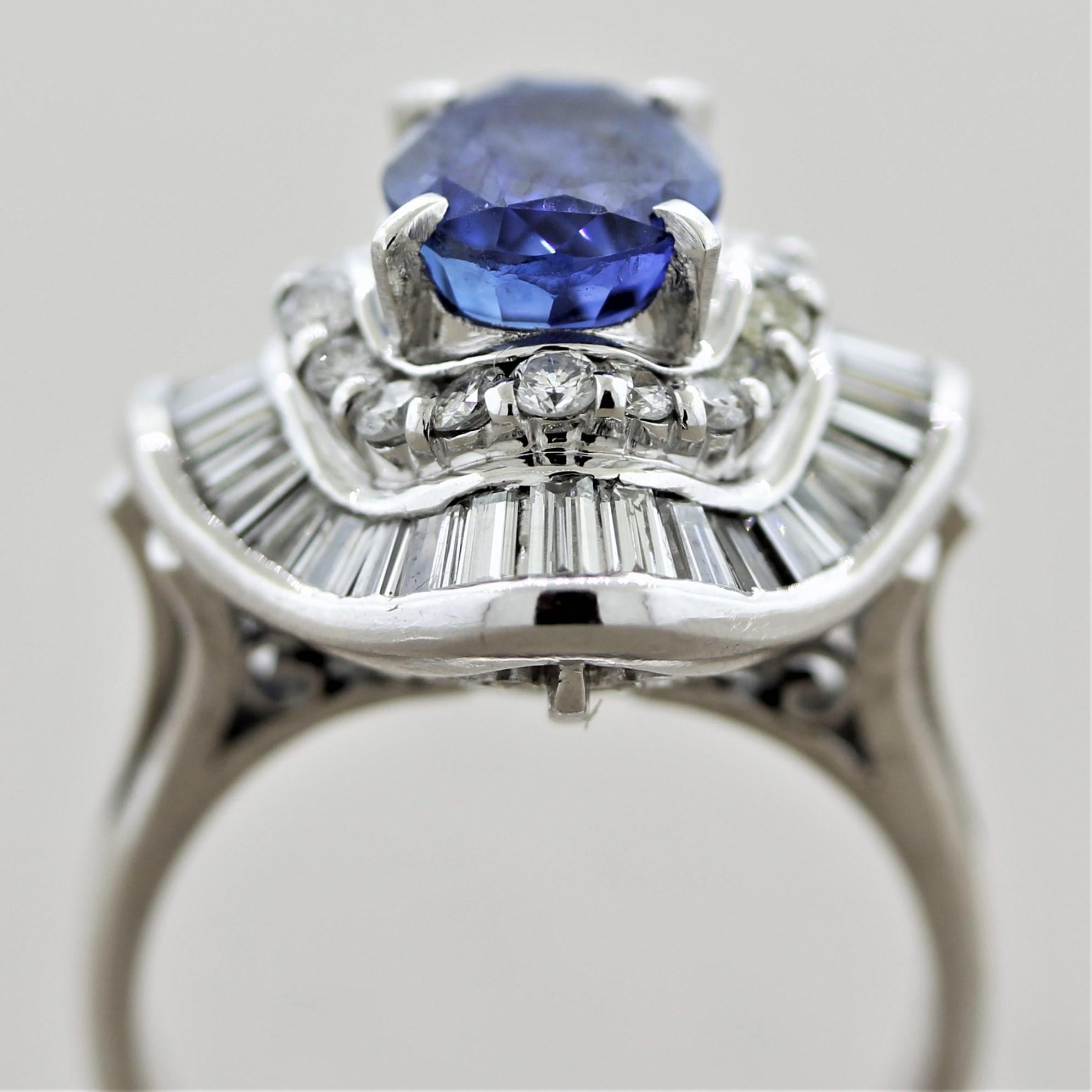 Sapphire Diamond Halo Platinum Ring For Sale 1