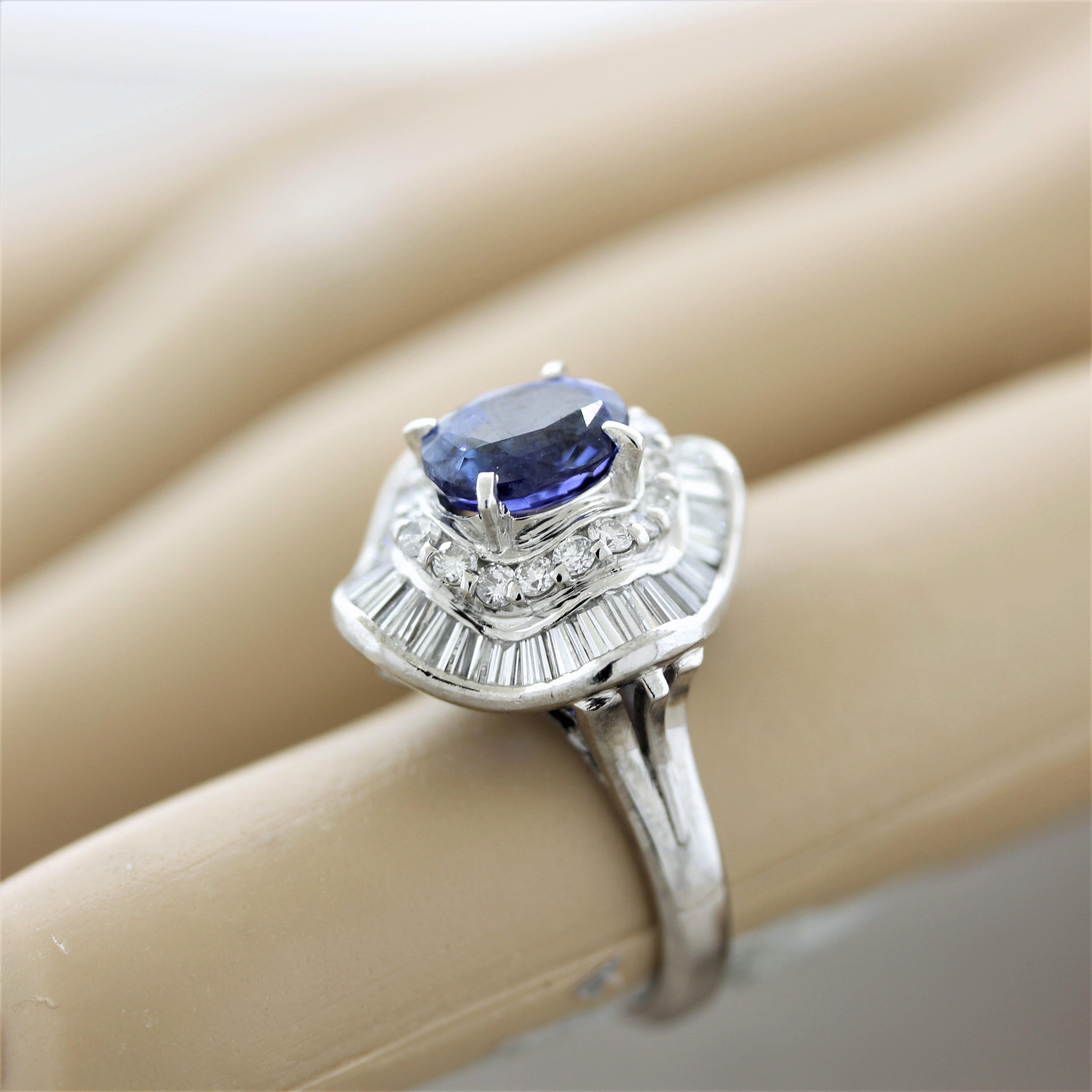 Sapphire Diamond Halo Platinum Ring For Sale 2
