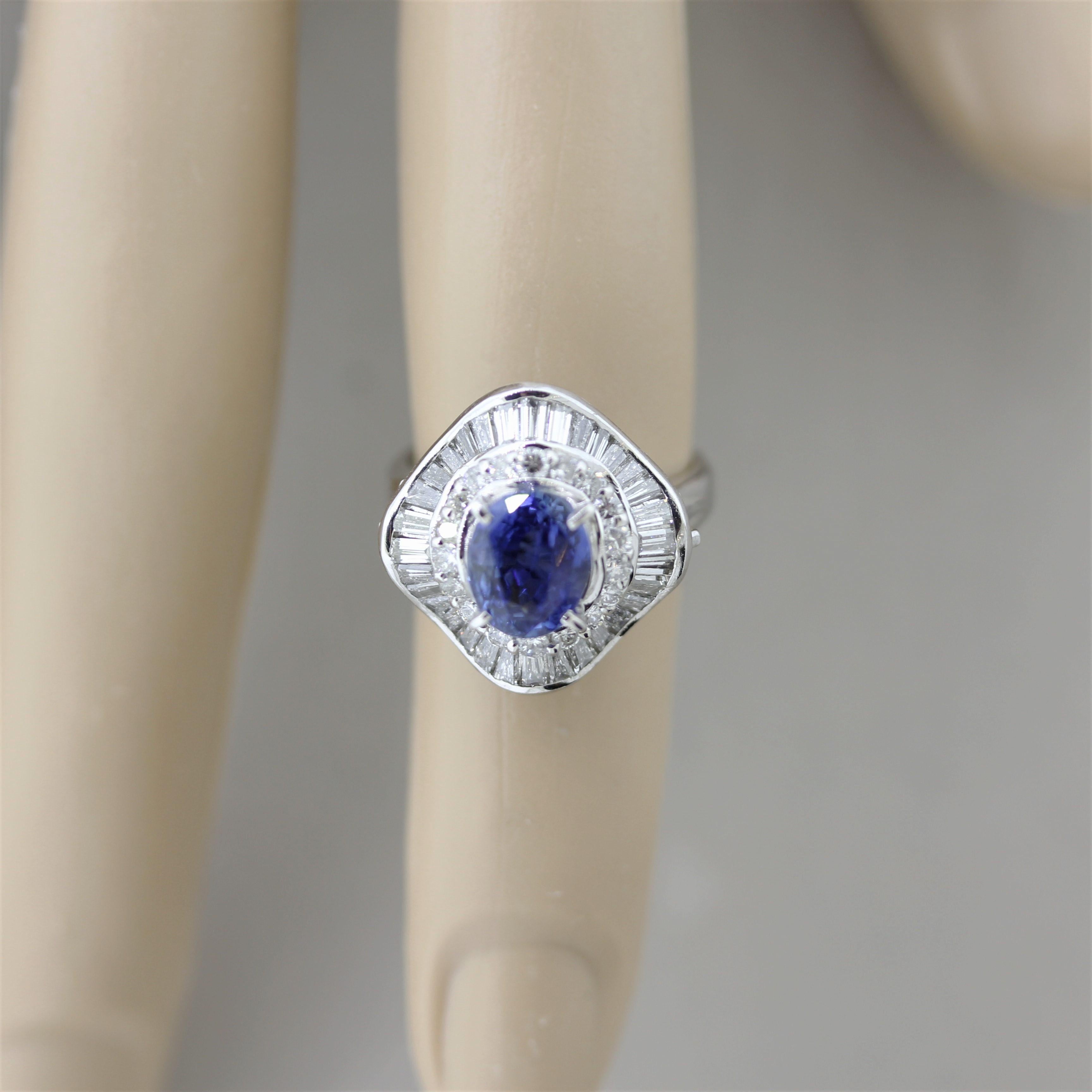 Sapphire Diamond Halo Platinum Ring For Sale 3