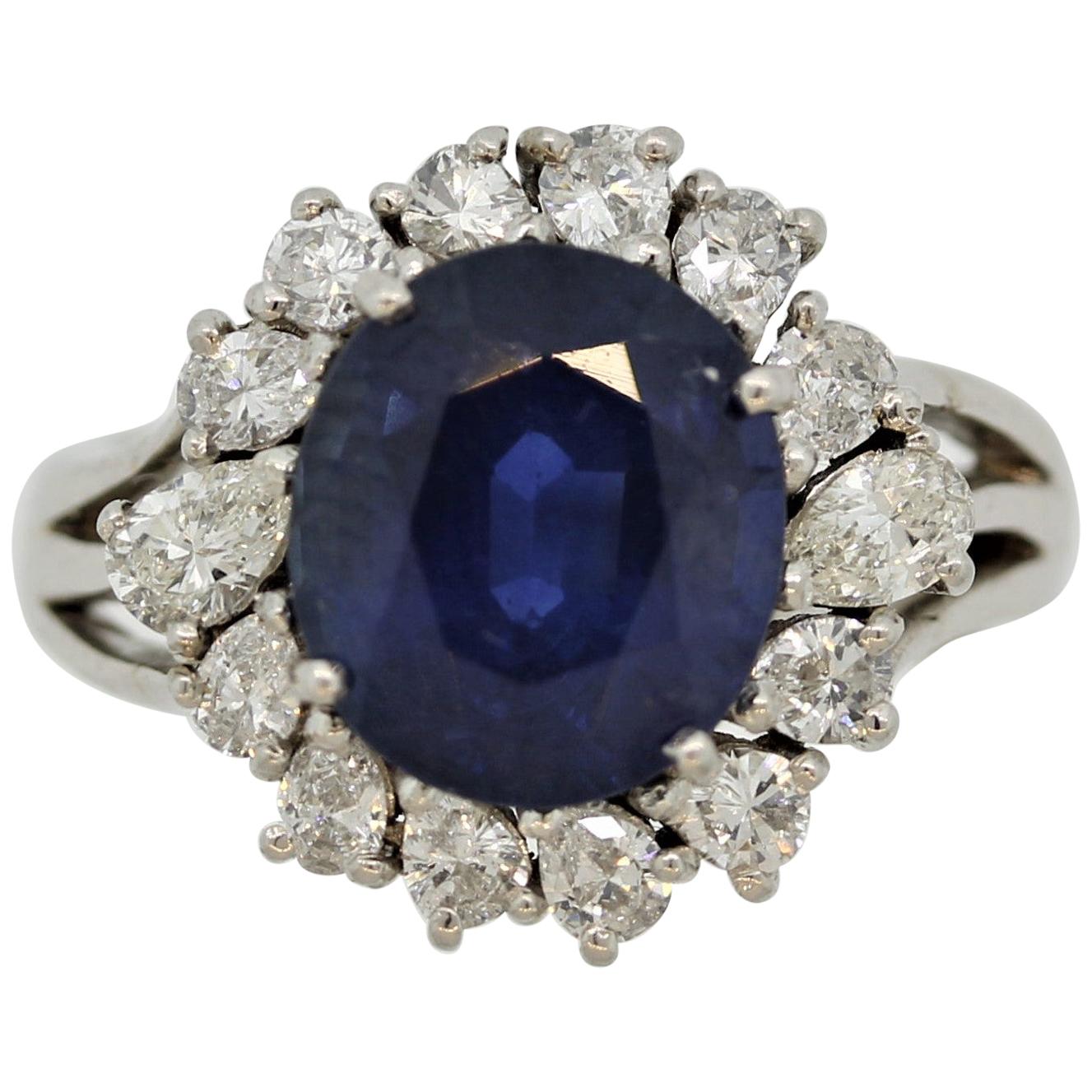 Sapphire Diamond Halo Platinum Ring For Sale